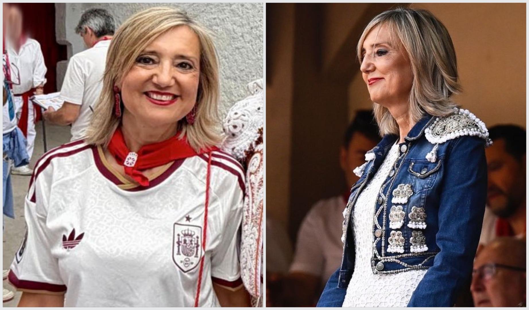Cristina Ibarrola, a la izquierda, con la camiseta blanca de la selección española de fútbol y, a la derecha, con la cazadora vaquera de inspiración taurina