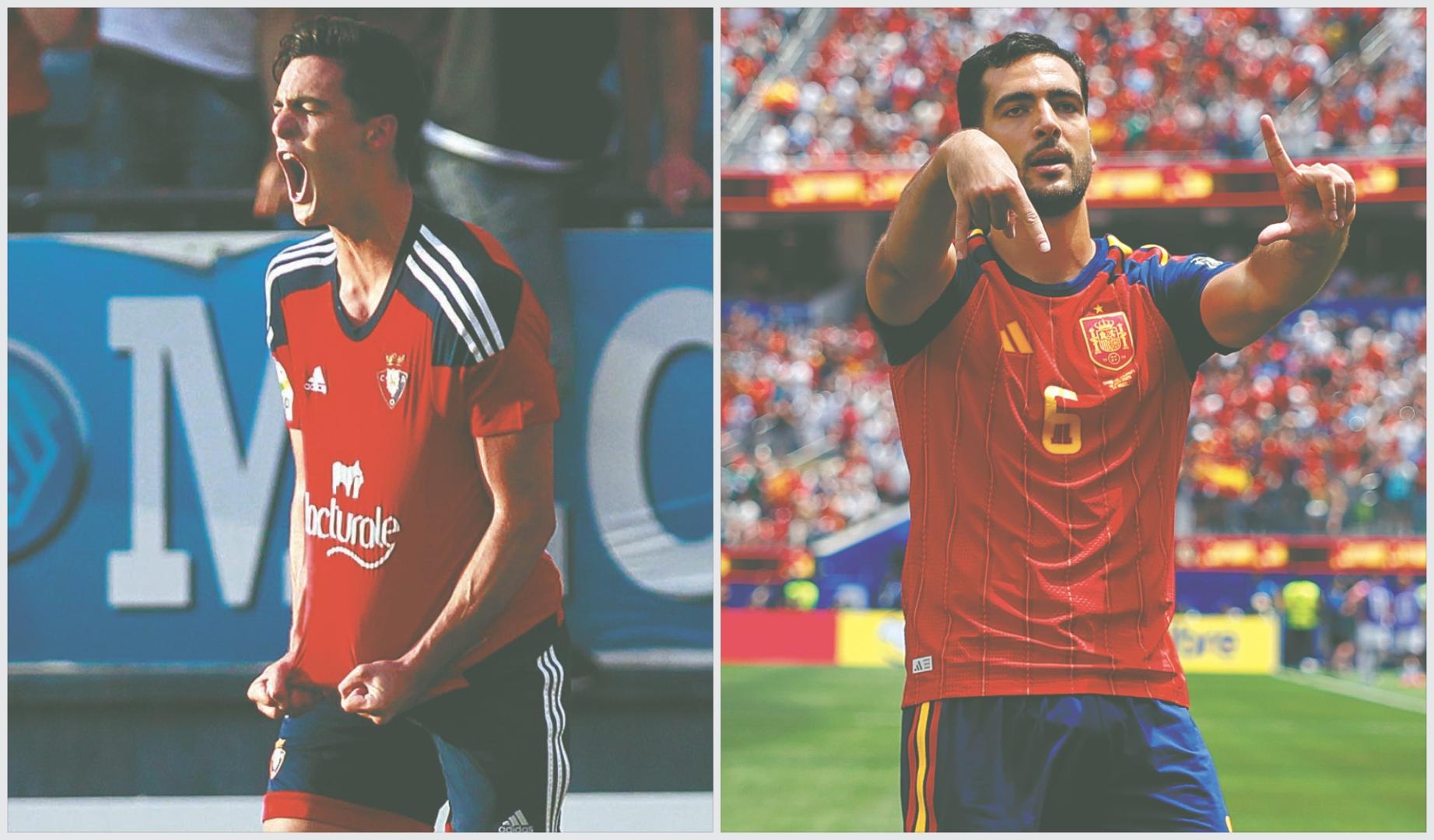 En la imagen de la izquierda Mikel Merino celebra un gol ante el Nàstic de Tarragona (2016). A la derecha el pamplonés, tras anotar contra Bélgica en el Mundial (2026).