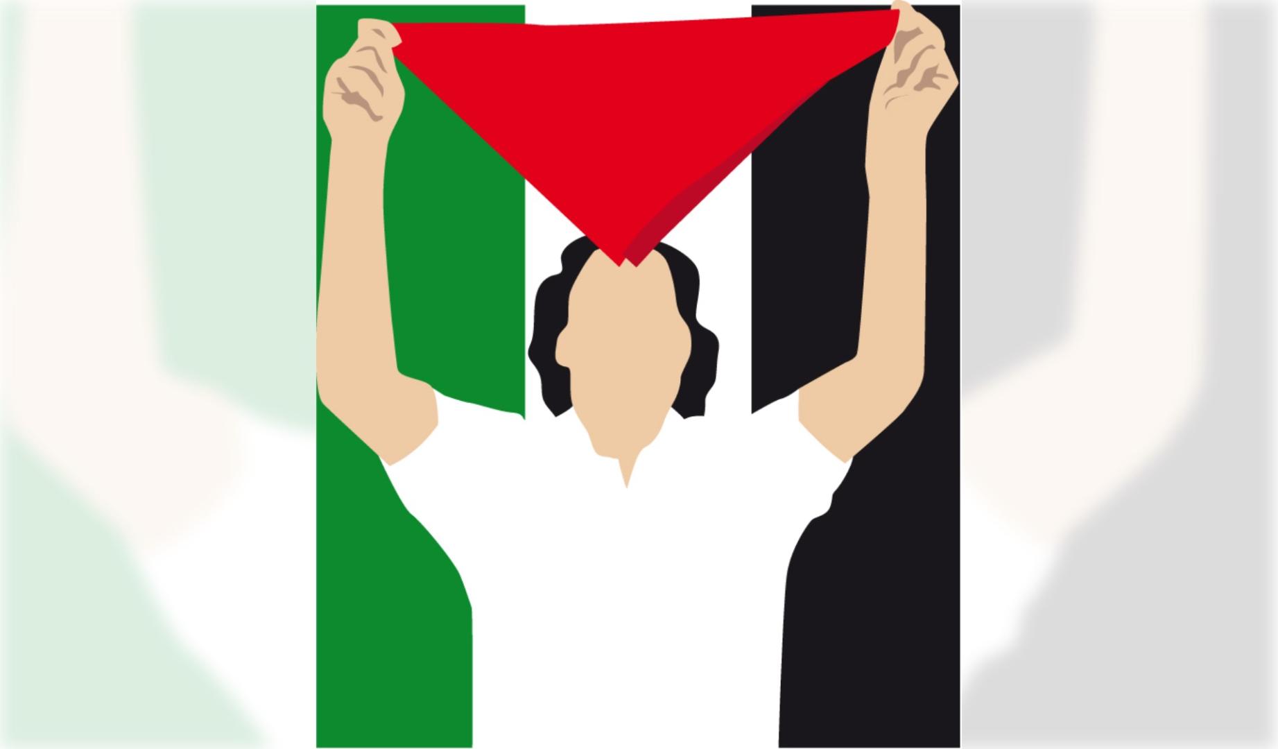 Imagen con un pañuelo de San Fermín con la bandera de Palestina de fondo