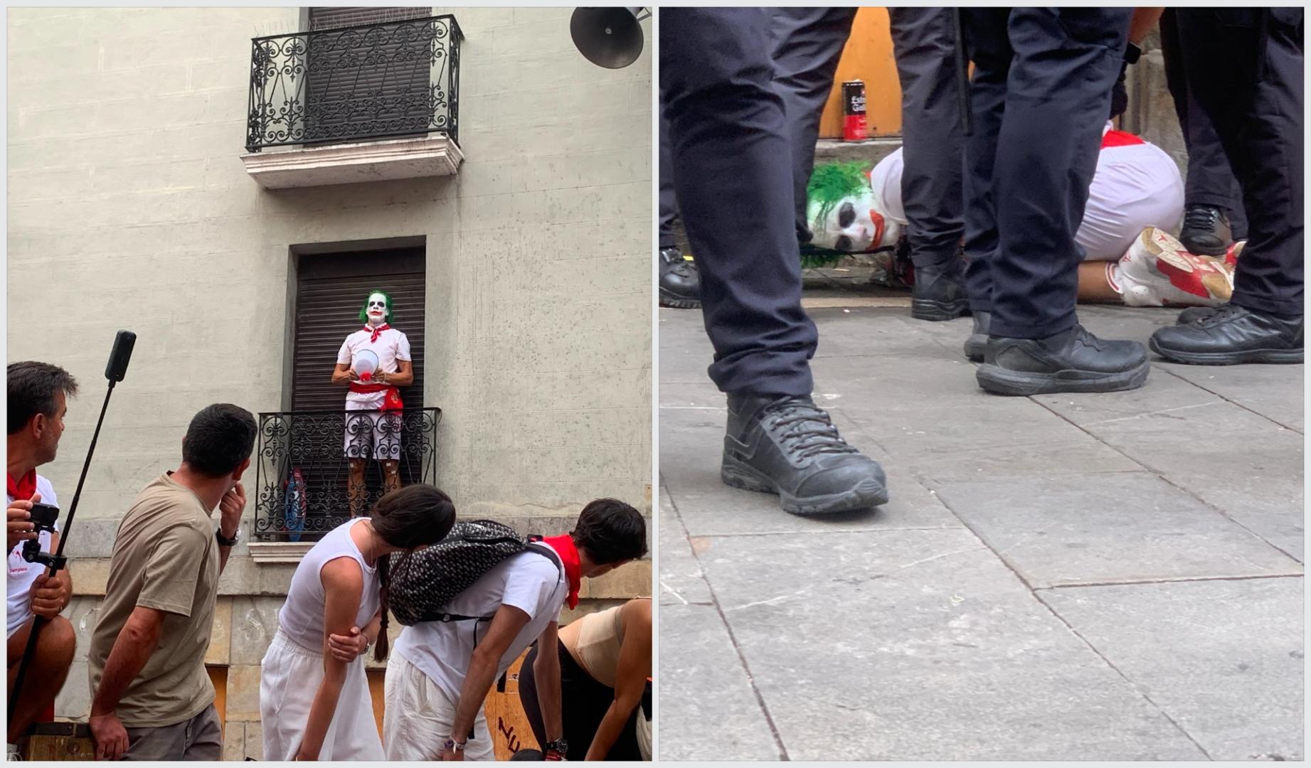 El Joker, a la izda., subido en un balcón de la plaza Consistorial; a la dcha. reducido por la Policía Municipal