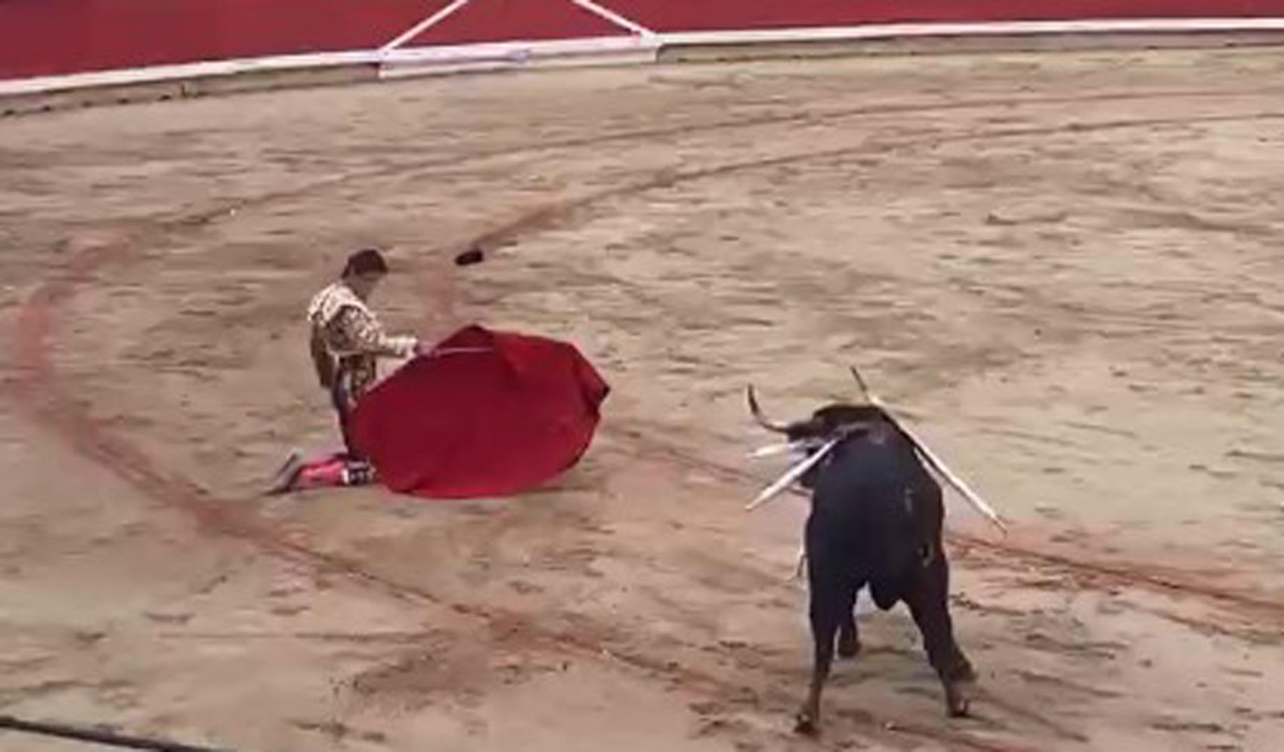 Inicio de faena por la espalda de rodillas de Roca Rey