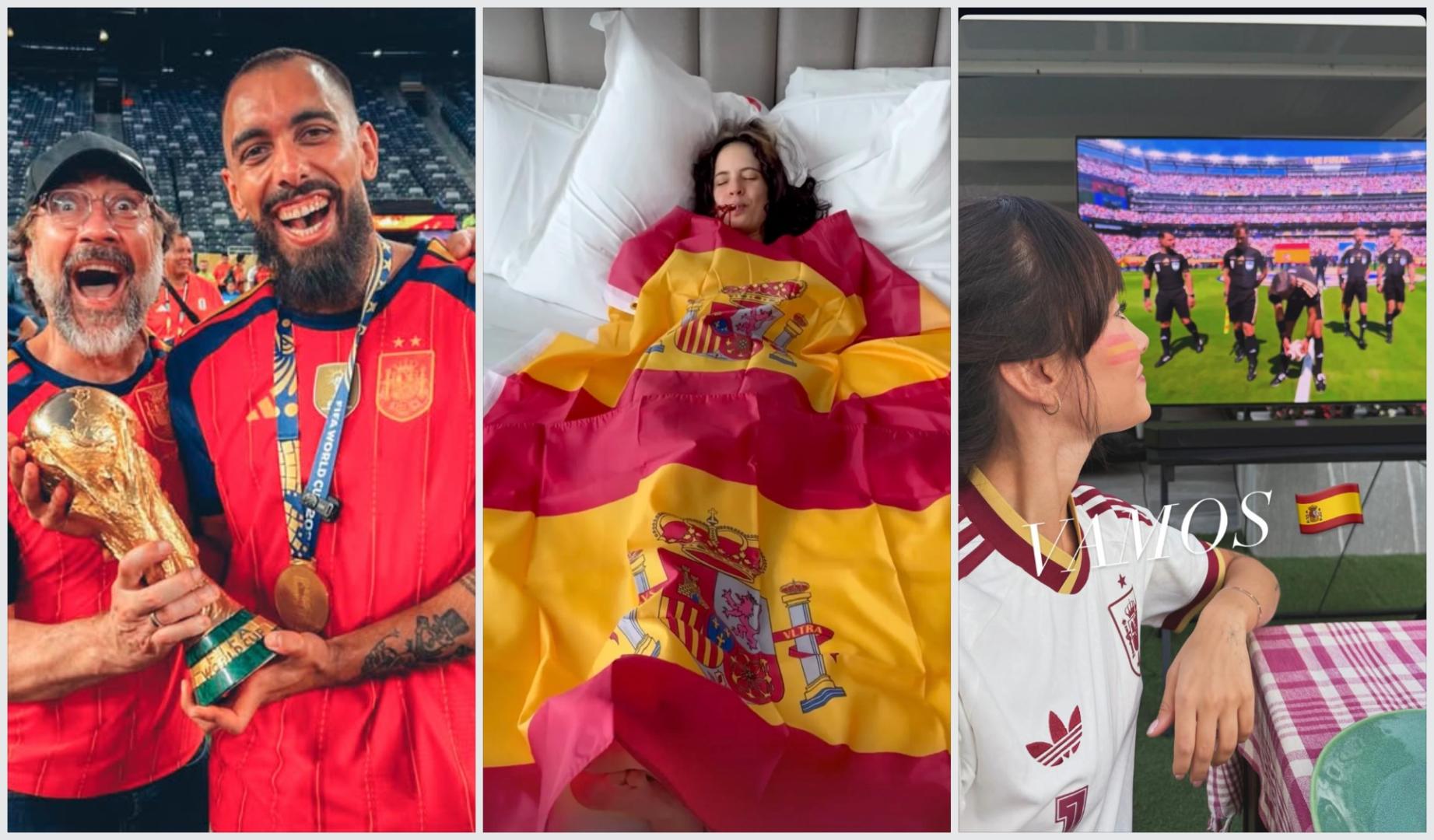 Borja Iglesias junto Javier Bardem con la Copa del Mundo, Aitana tras la victoria de la Eurocopa y Rosalia