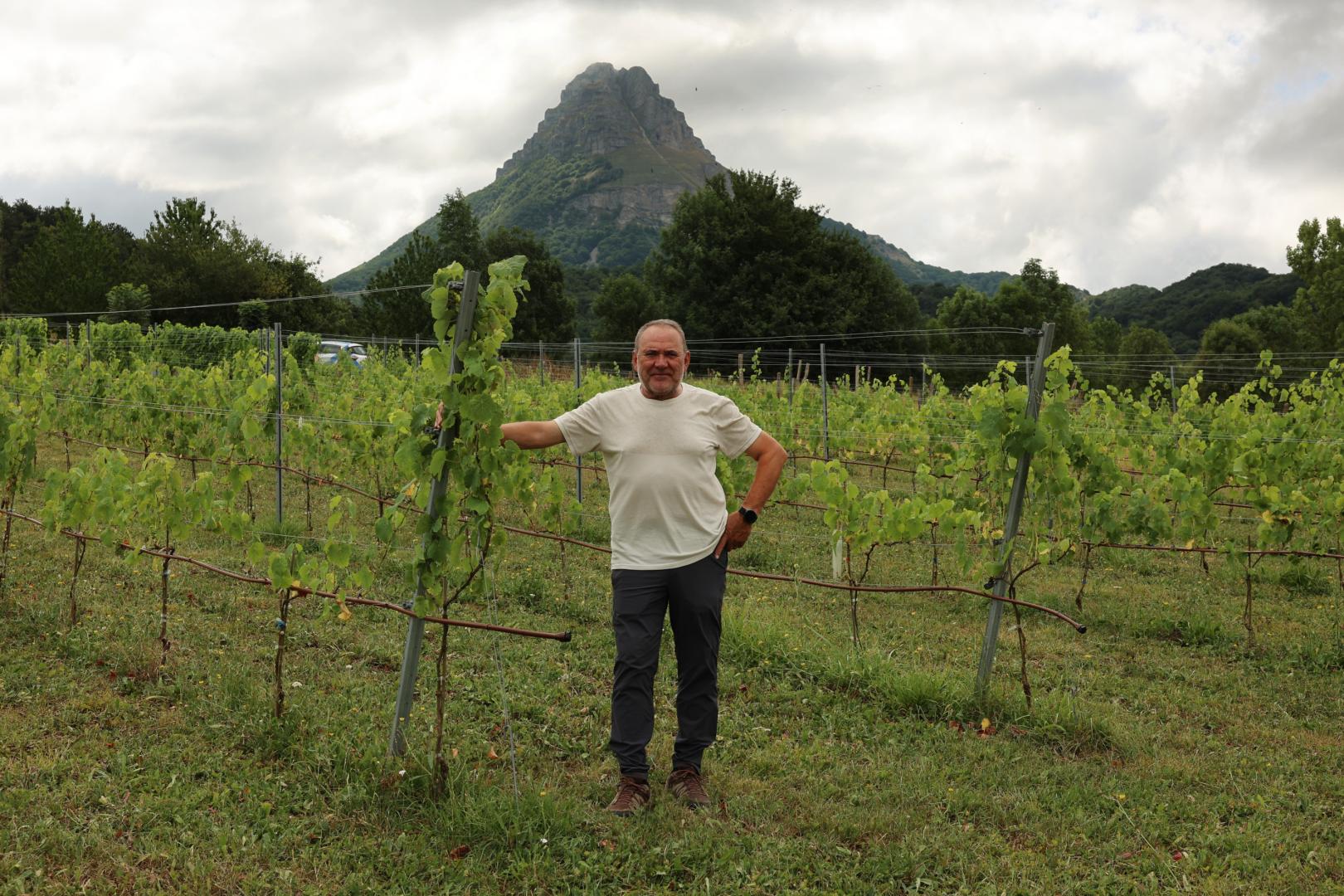Matías Rayo López-Villalón, en la viña que cultiva en Aribzu, con San Donato de fondo.