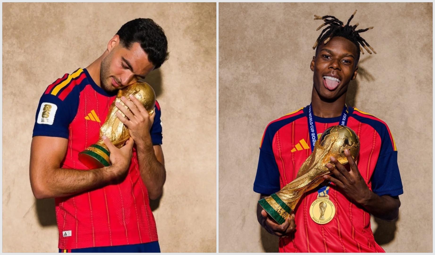 A la izda., Mikel Merino, quien ha disputado 193 minutos en total en este Mundial y ha anotado dos goles. A la dcha., Nico Williams, autor de la la asistencia a Ferran Torres y que jugó 49 minutos en la final, el partido que más tiempo le tuvo en el campo