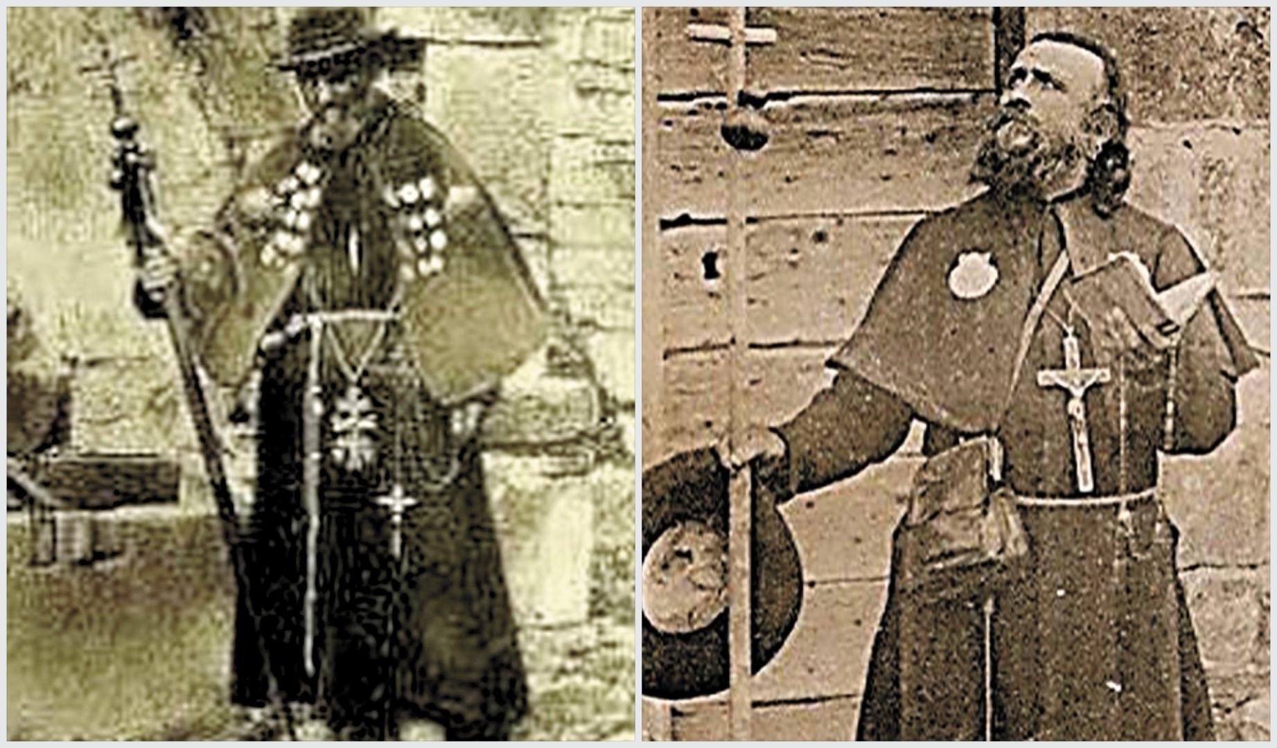 A la izda., peregrino en Roncesvalles con múltiples aderezos. A su lado, peregrino alemán en Roncesvalles en 1910