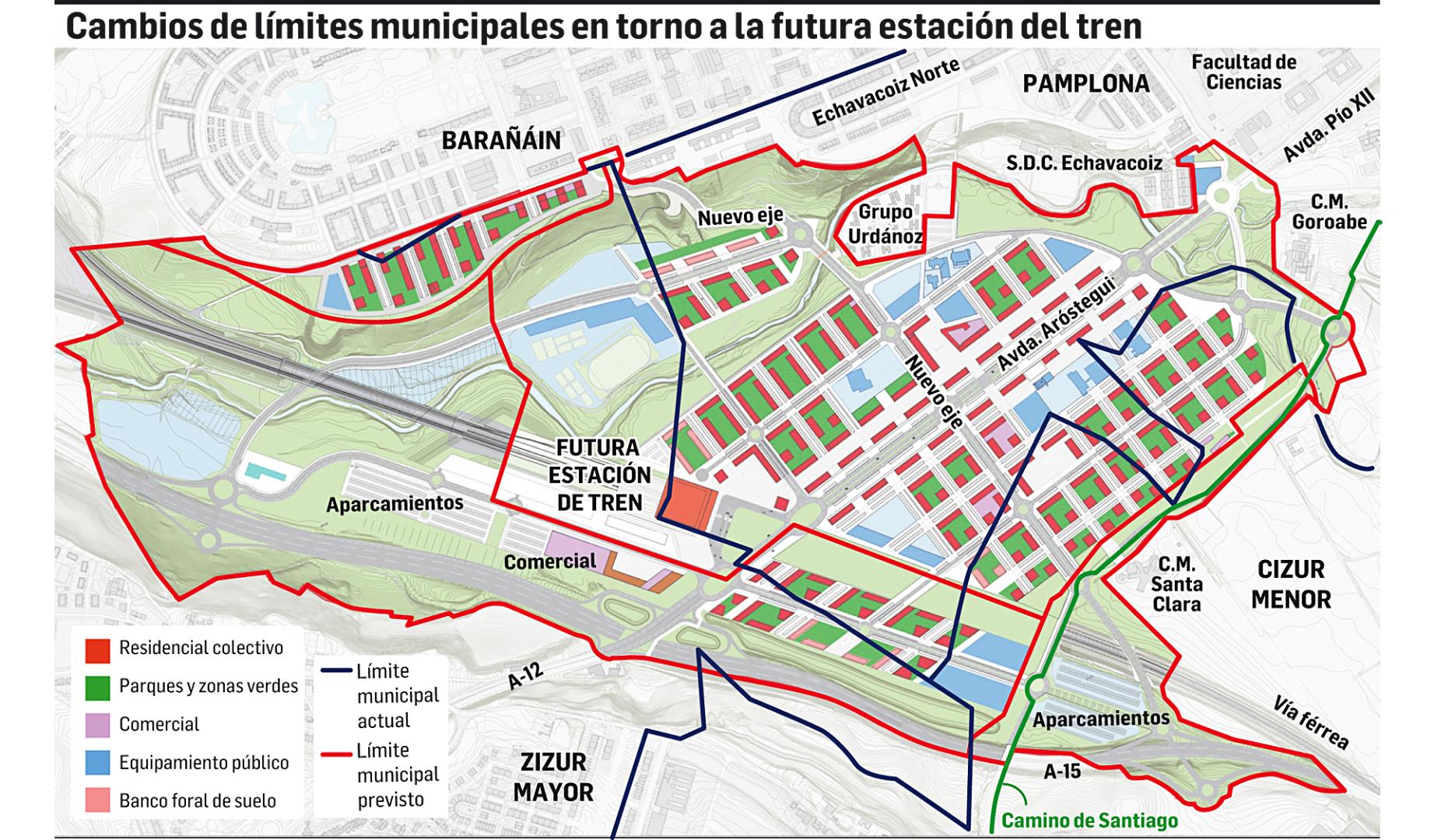 Mapa con los cambios de los límites municipales en torno a la futura estación de tren