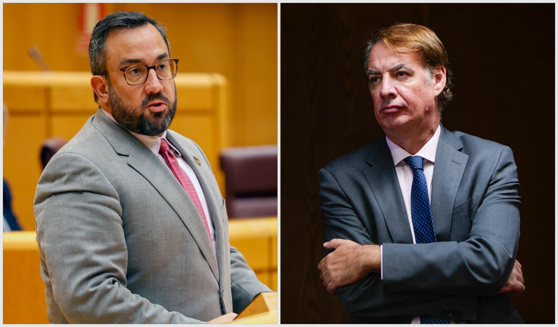 A la izquierda, Javier Remírez en su etapa de senador del Partido Socialista y, a la derecha, Vicente Fernández, expresidente de la SEPI, en su primera comparecencia en la comisión de investigación del Senado del caso Koldo, el 22 de julio de 2025