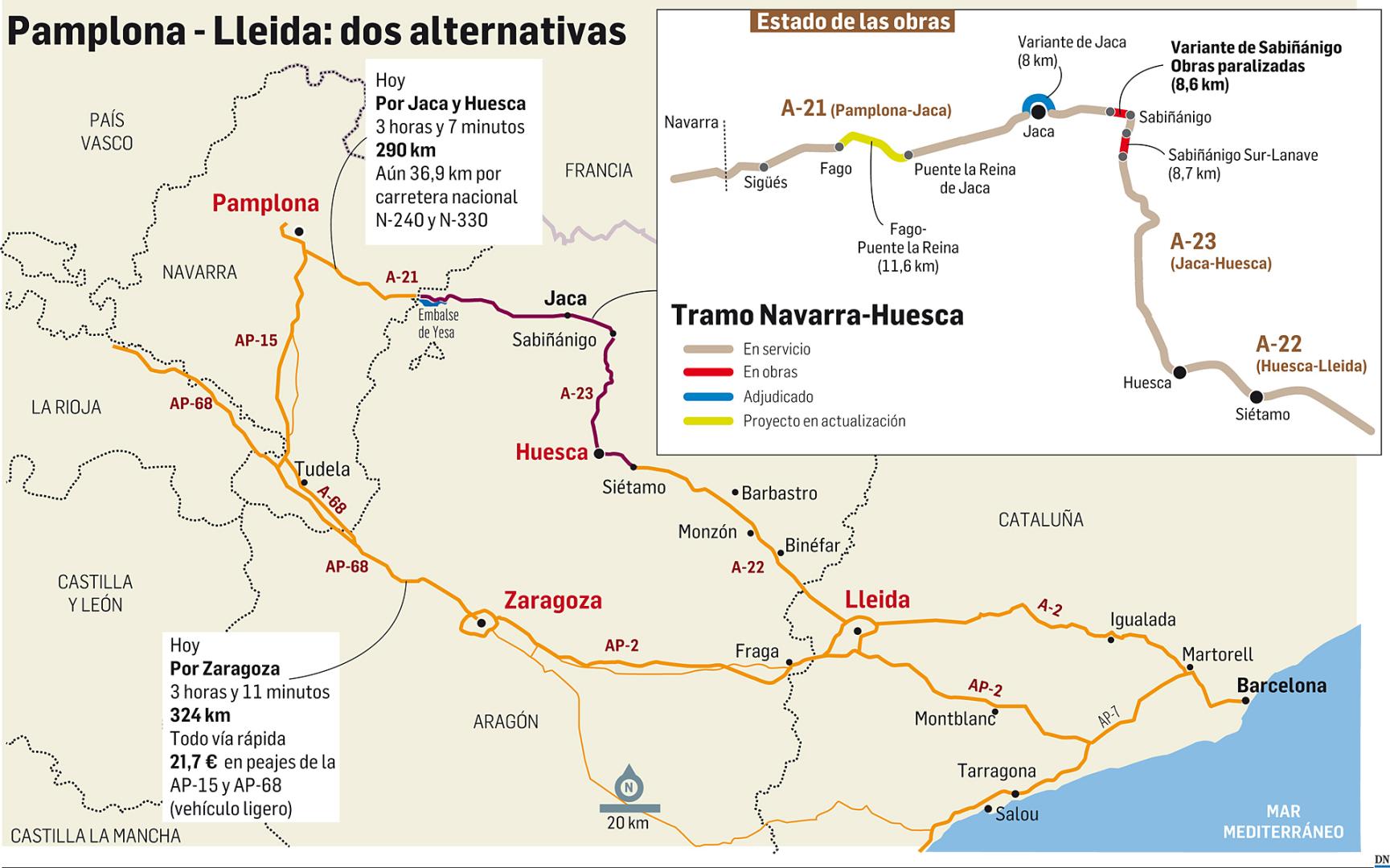Pamplona-Lleida: dos alternativas. Y el estado de las obras