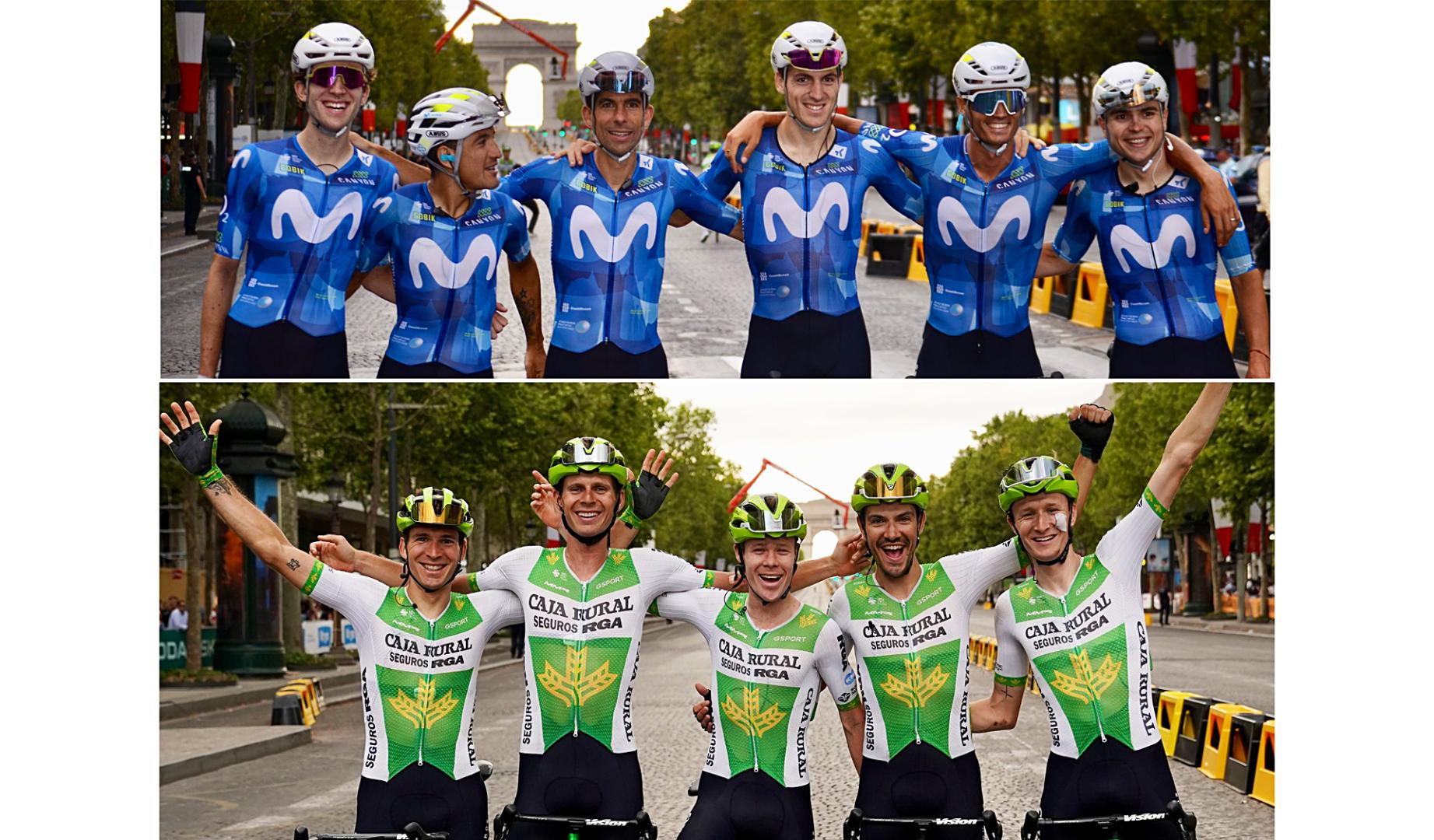 En la fila superior, de izda. a dcha., Hesmann, Cepeda, Oliveira, Castrillo, Romo y García Pierna, en los Campos Elíseos (de Movistar). En la fila inferior, de izda. a dcha., Nicolau, Otruba, Berwick, Oladani y Balderstone, en el mismo escenario