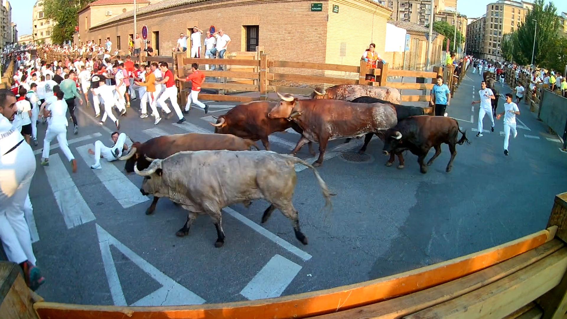 Vídeo del mozo que ha caído de frente a la manada en la curva de la calle Almajares en el quinto encierro de fiestas de Tudela