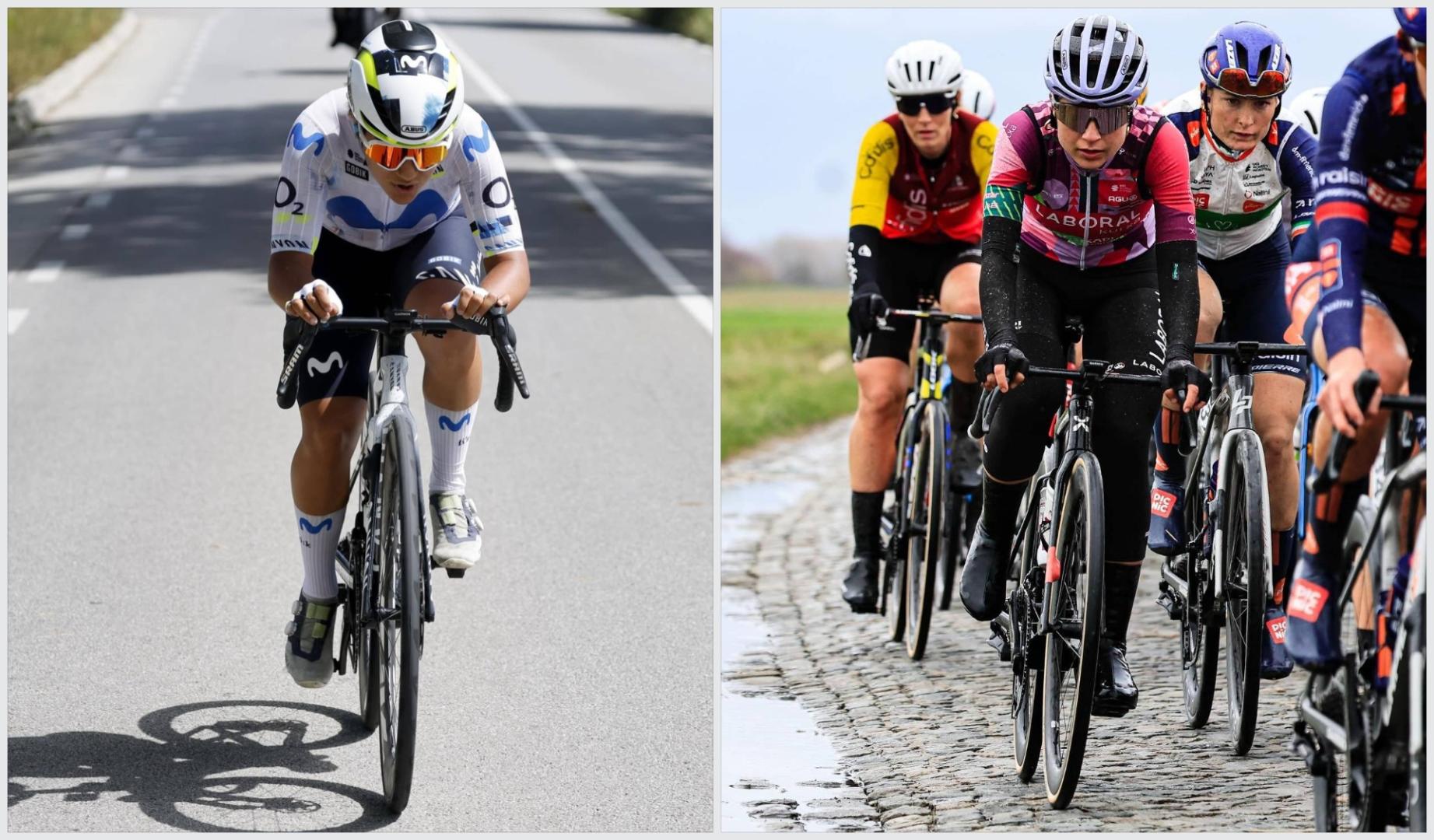 A la izda., Paula Ostiz en la Volta a Catalunya. A la dcha., Idoia Eraso rueda sobre el pavés belga