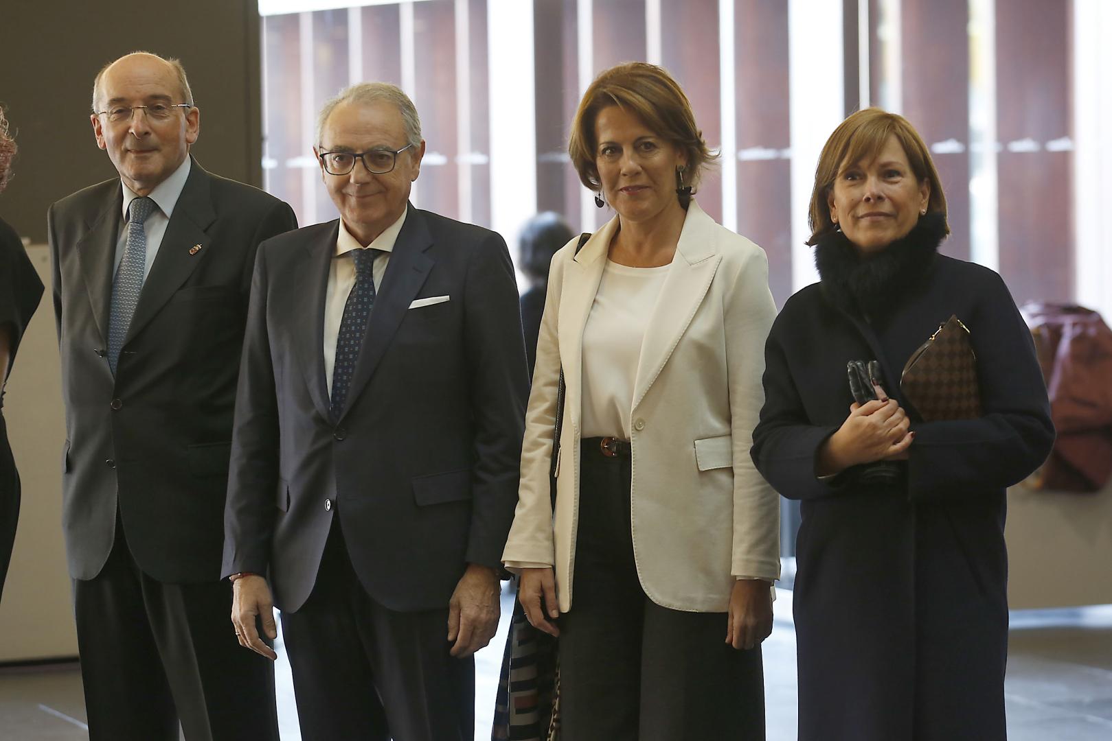 De izquierda a derecha, los expresidentes Juan Cruz Alli, Miguel Sanz, Yolanda Barcina y Uxue Barkos, en noviembre de 2019, en un acto con motivo de la entrega de la Medalla de Oro de la CEN a Manuel Torres, ya fallecido.