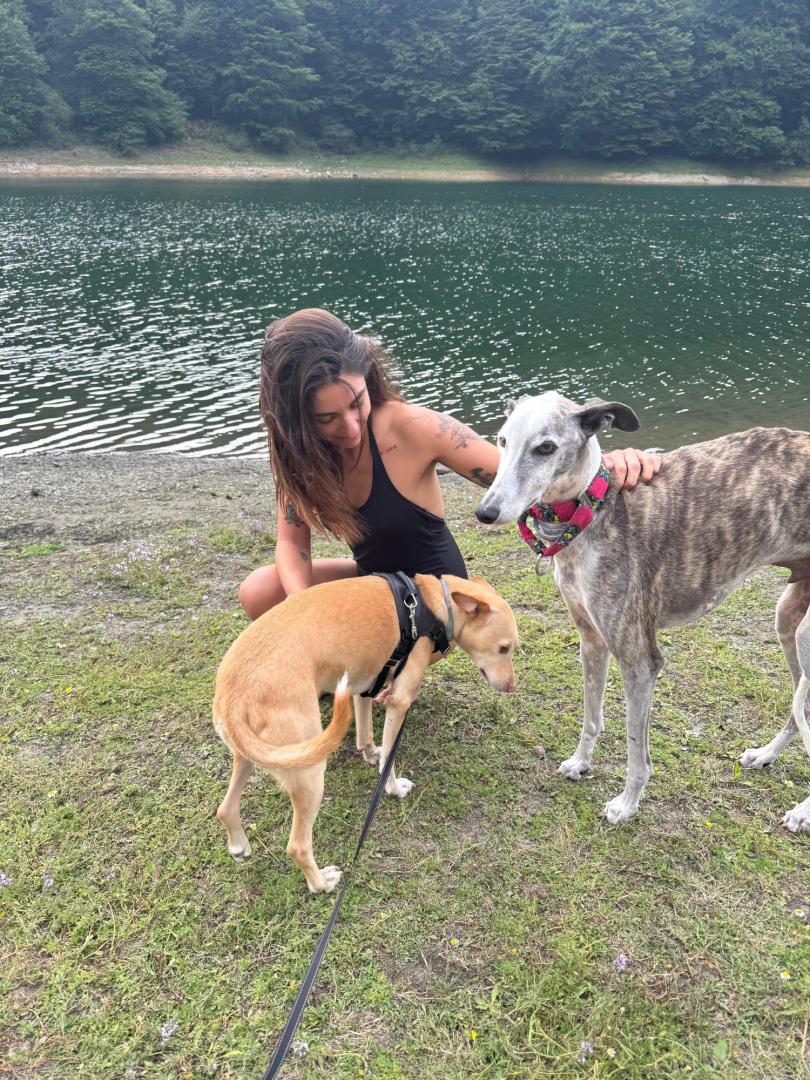 Maialen Gurbindo, Chica Sobresalto, disfrutando en el lago de Leurtza junto a sus perros: Dobby (izq.) y Murphy.