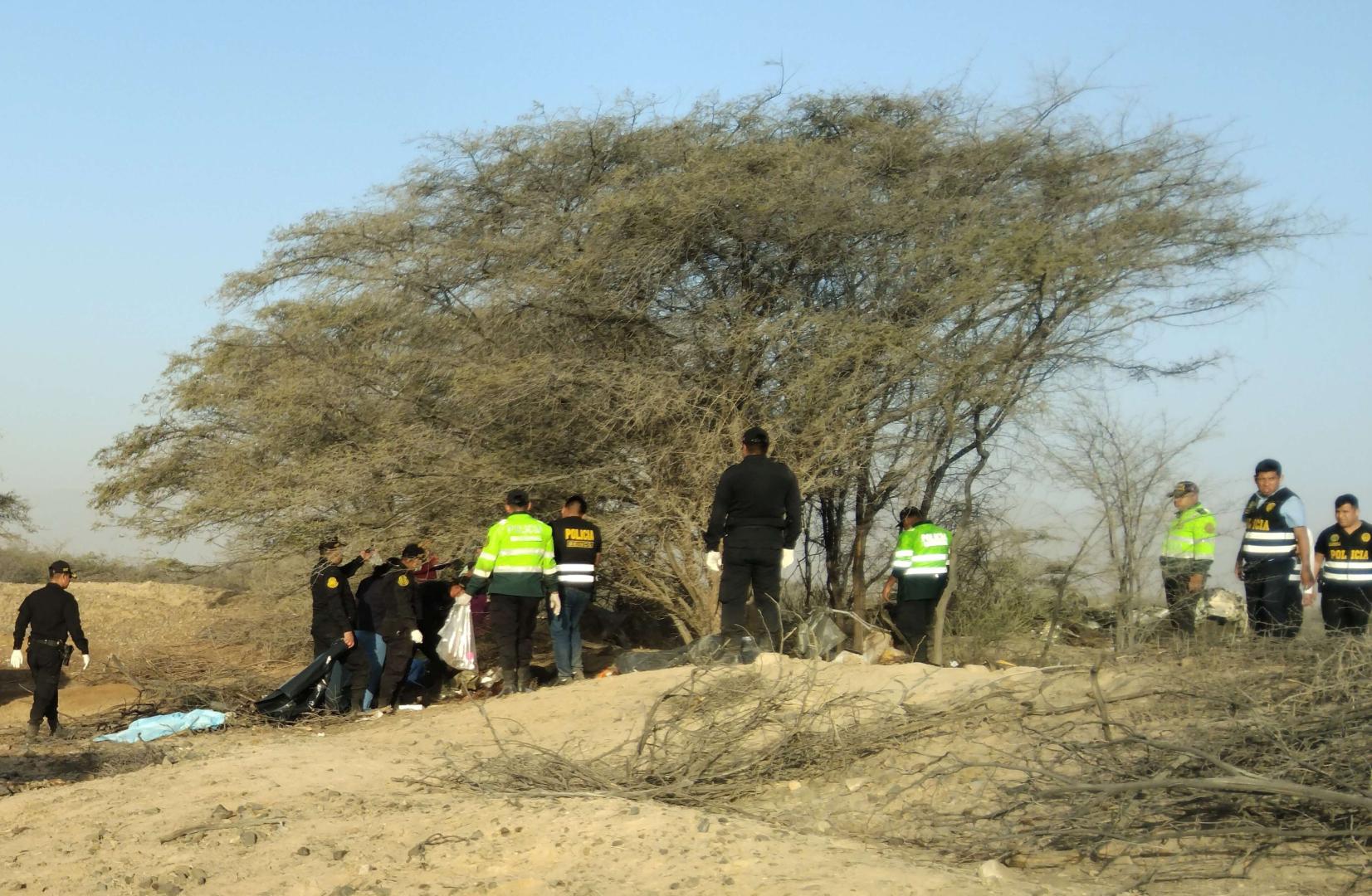 Integrantes la Policía de Perú operan en la zona donde una avioneta que sobrevolaba sobre las Líneas de Nazca se estrelló y dejó trece personas fallecidas, entre ellos 11 turistas, dos de ellos un matrimonio de Valladolid