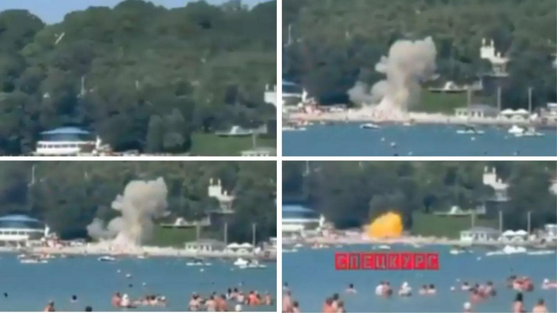 Fotogramas de un vídeo en el que se ve a un dron ucraniano derribado impactando en una playa rusa en el Mar Negro causando seis muertos