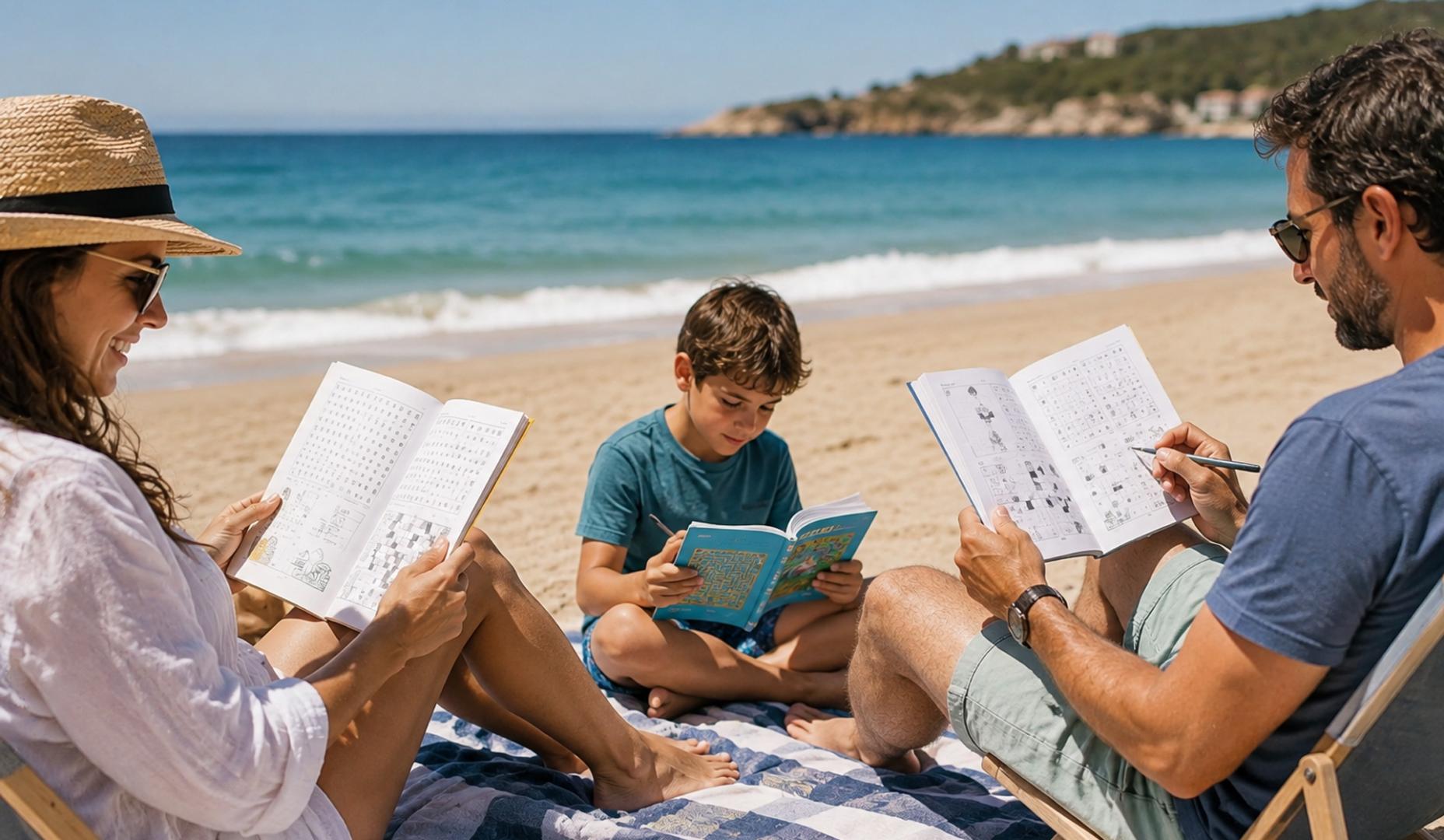 Una familia en la playa con sus cuadernos de actividades de verano