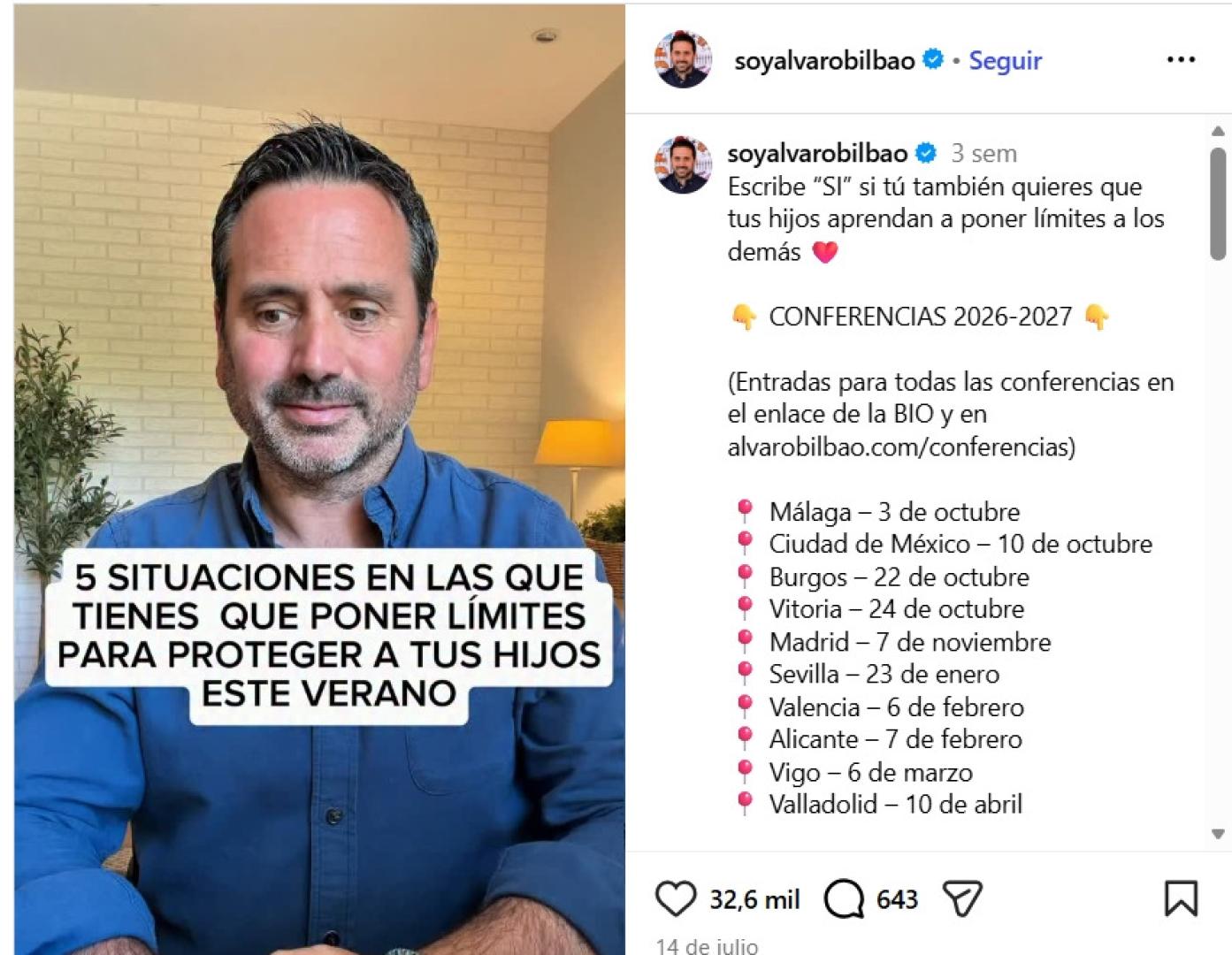 Imagen de la publicación del psicólogo Álvaro Bilbao en Instagram