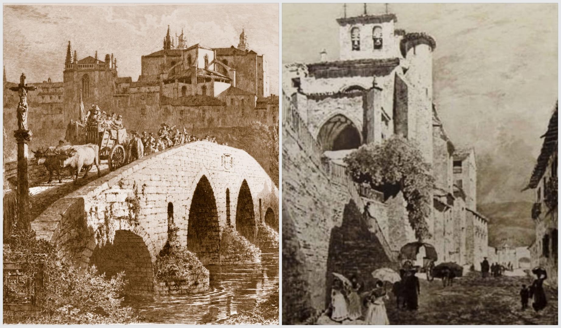 A la izda., grabado al aguafuerte: 'Pampeluna: Returning from the Fair' (Pamplona: regreso de la feria.1887). A la dcha., 'A Hill Town in Navarre' (Un pueblo en la montaña en Navarra, 1888).