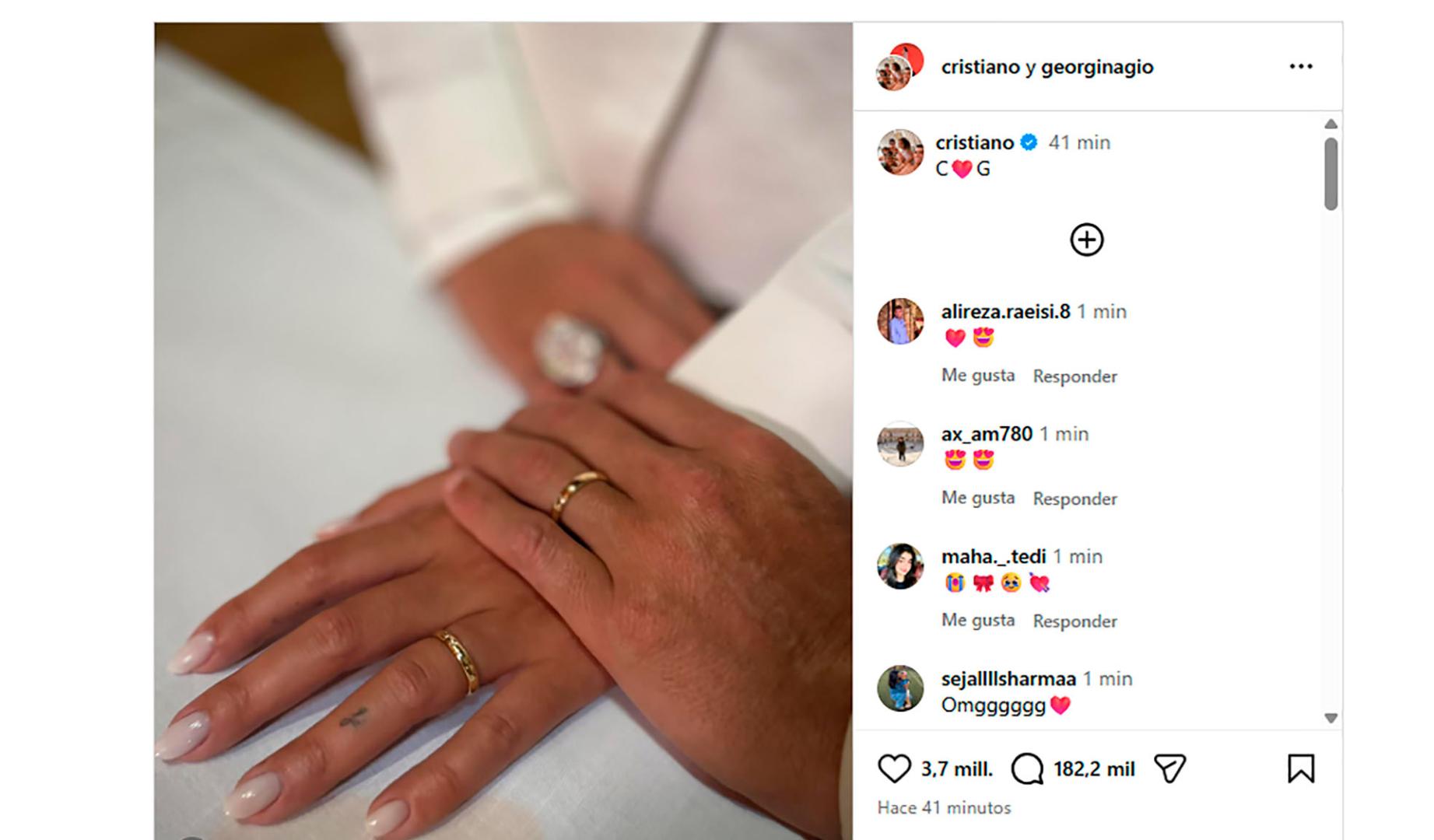 - El futbolista portugués Cristiano Ronaldo y la modelo e influyente hispano-argentina Georgina Rodríguez se han casado, según refleja la fotografía que han publicado ambos este martes en la red social Instagram en la que aparecen dos manos con dos alianzas