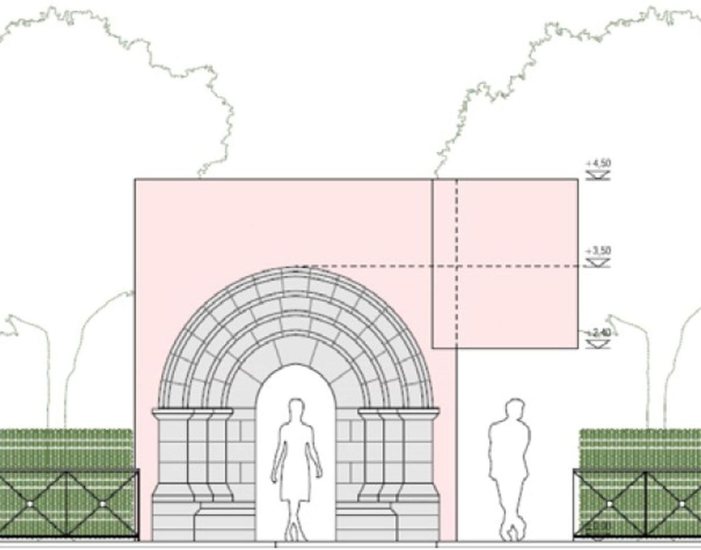 Detalle del proyecto de restitución en la entrada del parque de Aoiz. Habrá otro acceso lateral junto a la portada de Orbaiz