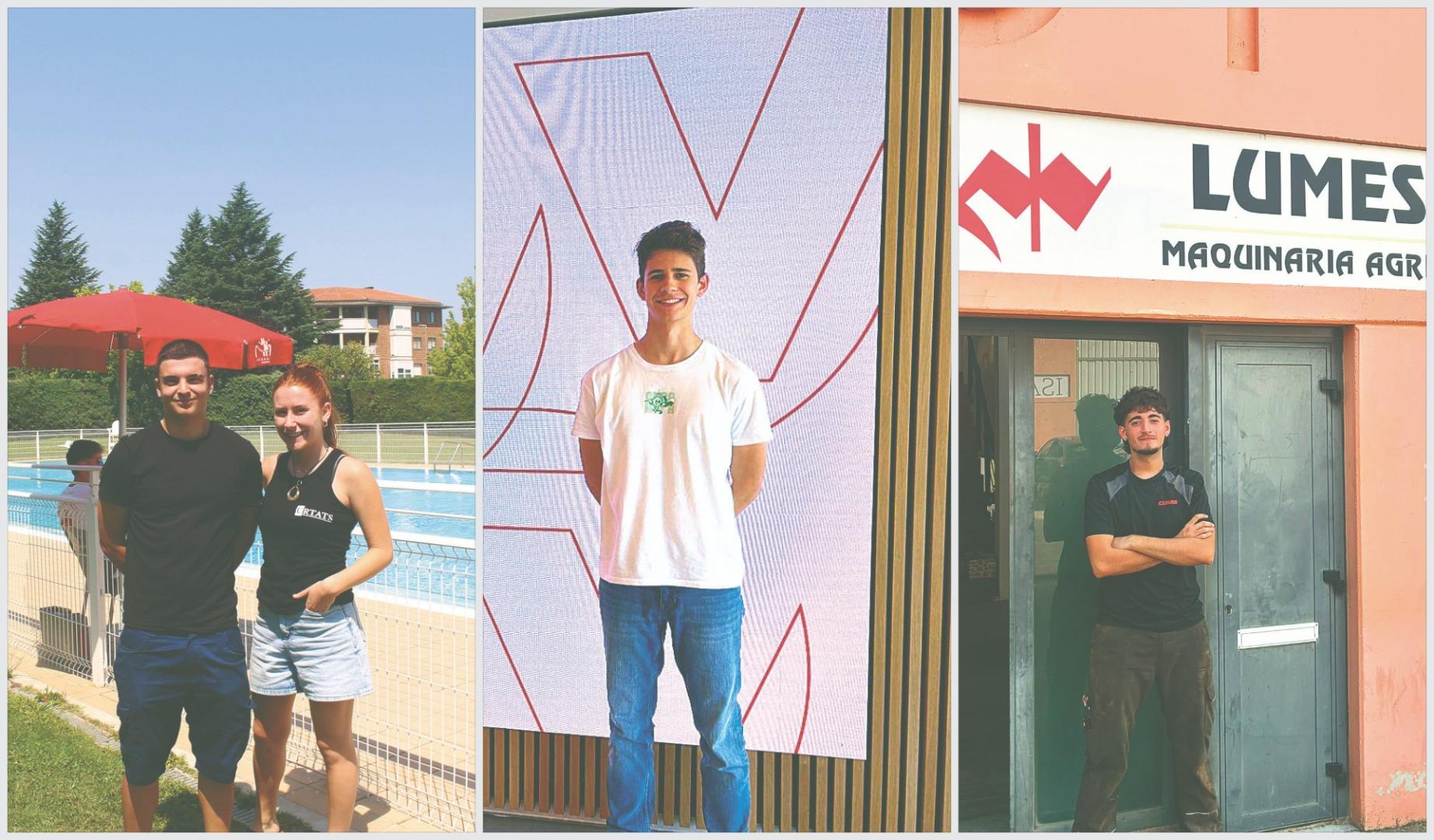 Joel Aguilera Ardura e Irati Ferrándiz López, en Beriáin; Diego Valles Silva en la redacción donostiarra de El Diario Vasco; y Asier Goñi Gómez ante la empresa familiar, en Puente la Reina