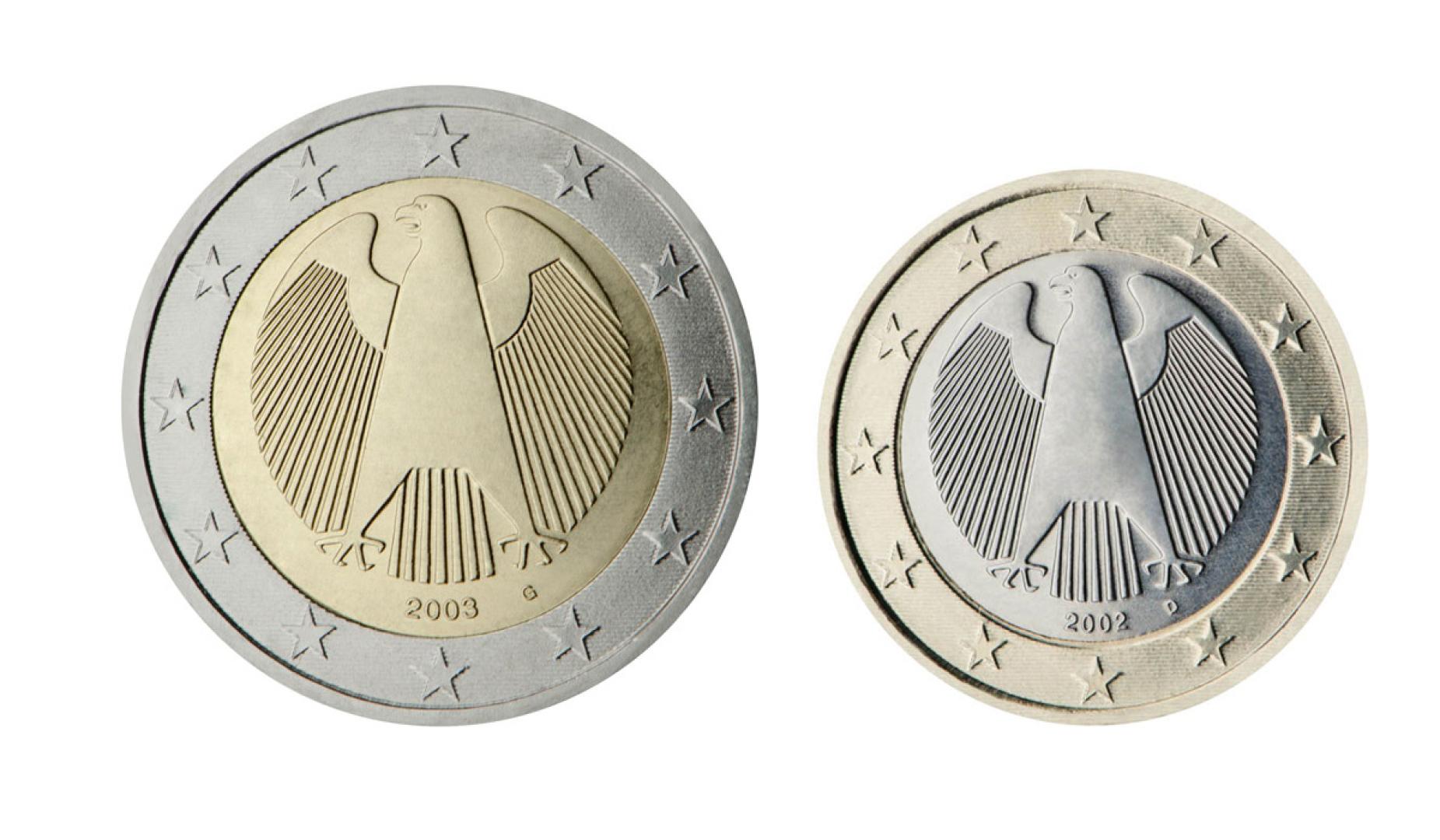 Águilas diseñadas por Hoyer en las monedas de 1 y 2 euros