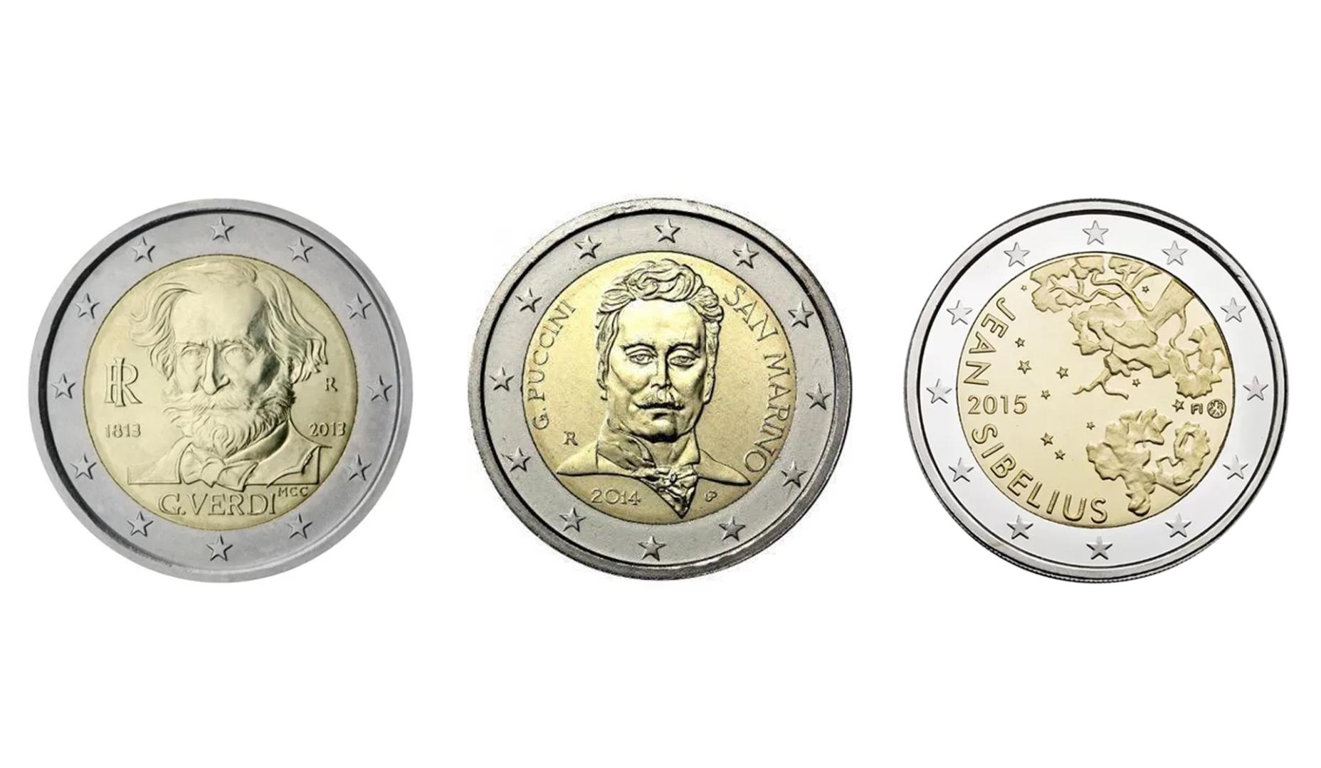 Monedas conmemorativas de 2 euros en homenaje a Verdi, Puccini y Sibelius