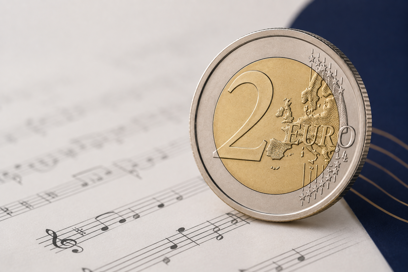 Moneda de 2 euros sobre una partitura