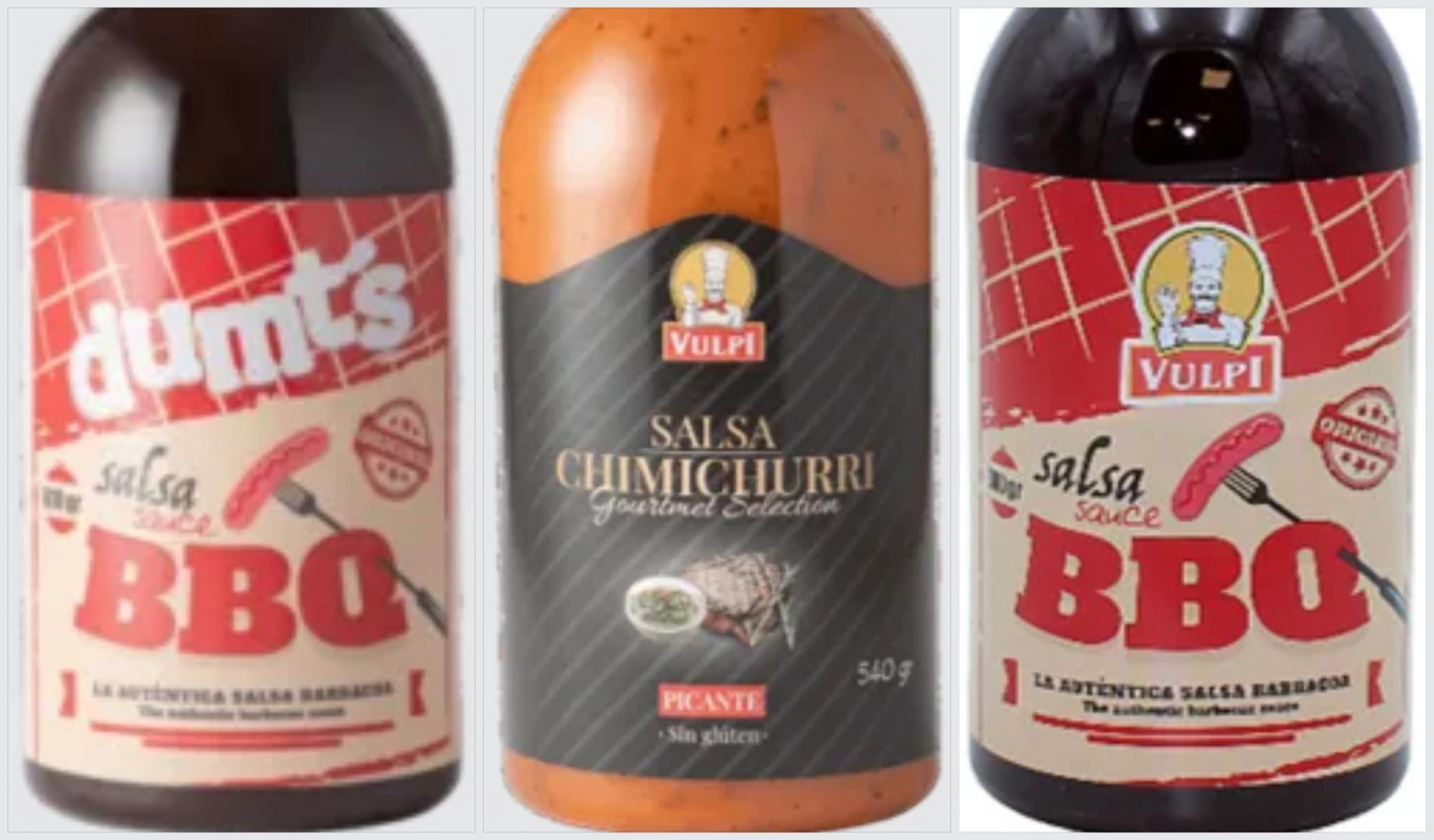 Botes de las salsas barbacoa y chimichurri que tienen gluten pero no está indicado en el etiquetado