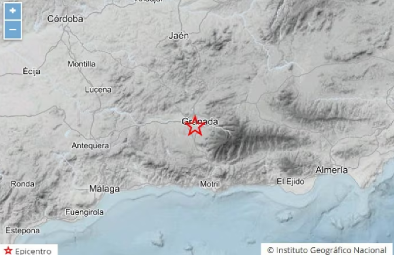 Mapa de la provincia de Granada con la señalización del epicentro de un seísmo sentido en Churriana de la Vega.
