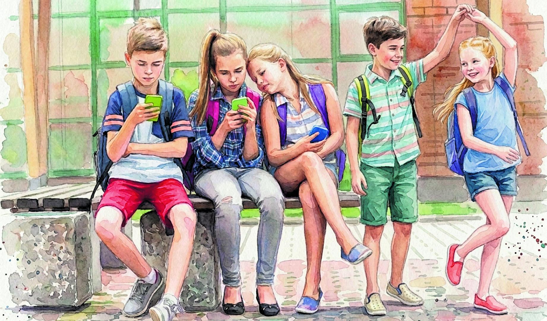 Ilustración de varios niños usando pantallas