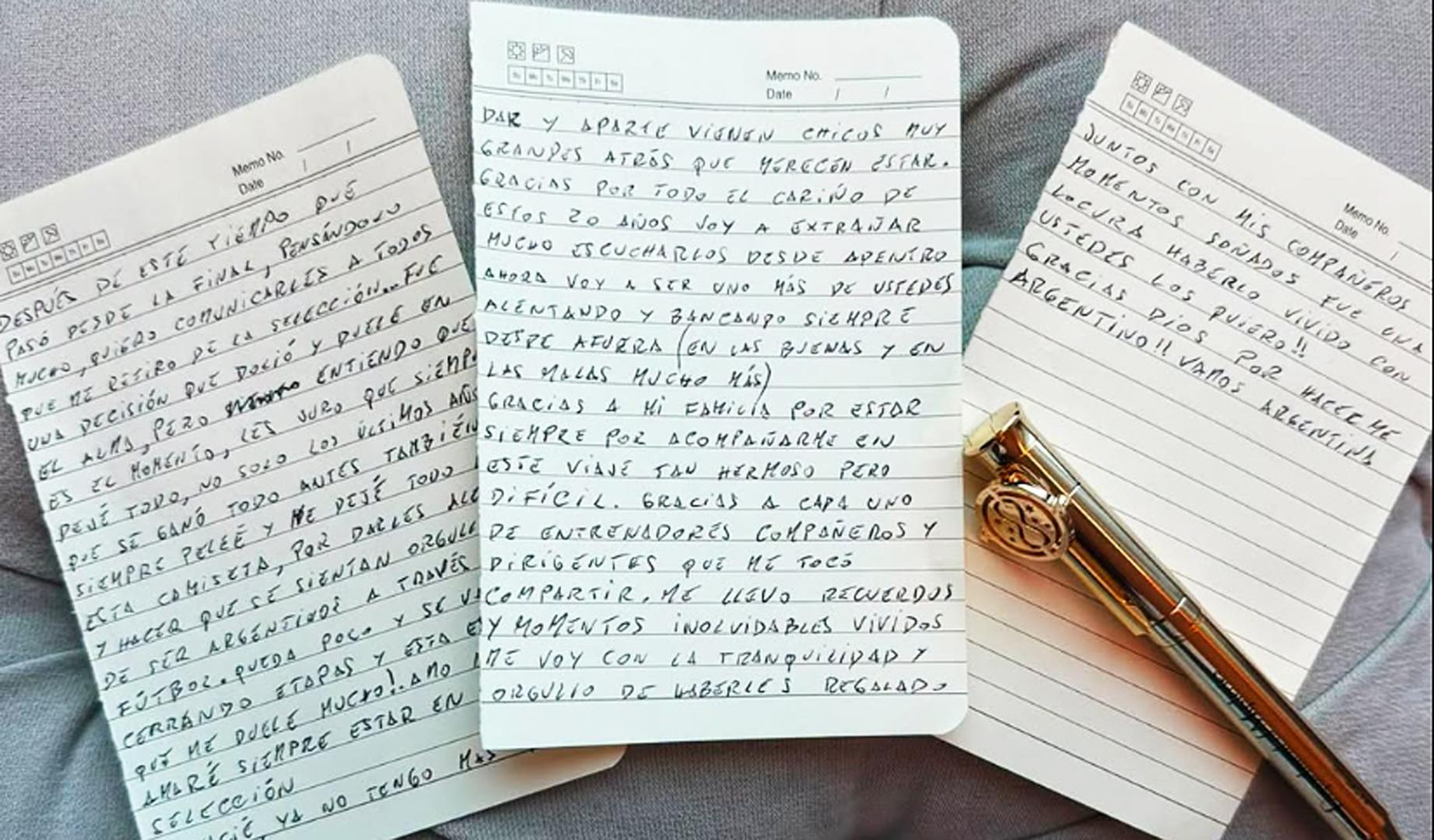 Imagen publicada por Leo Messi en las redes sociales con su carta de despedida de la Albiceleste