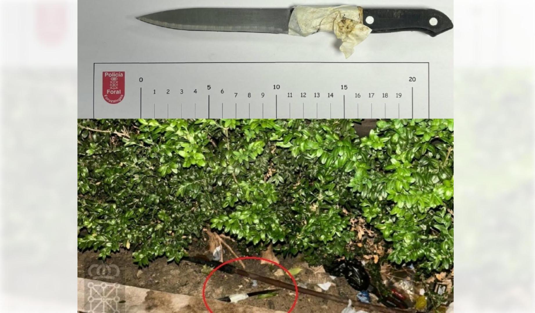 Cuchillo con el que el detenido profirió las amenazas y el lugar donde fue arrojado
