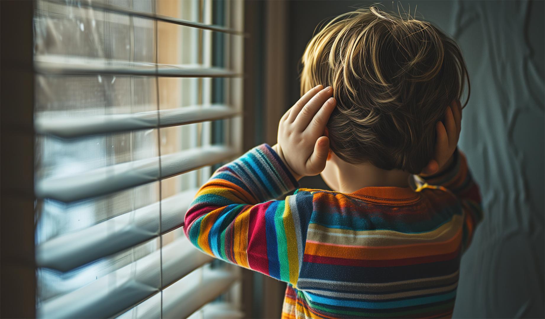 Un niño se tapa los oídos ante una ventana