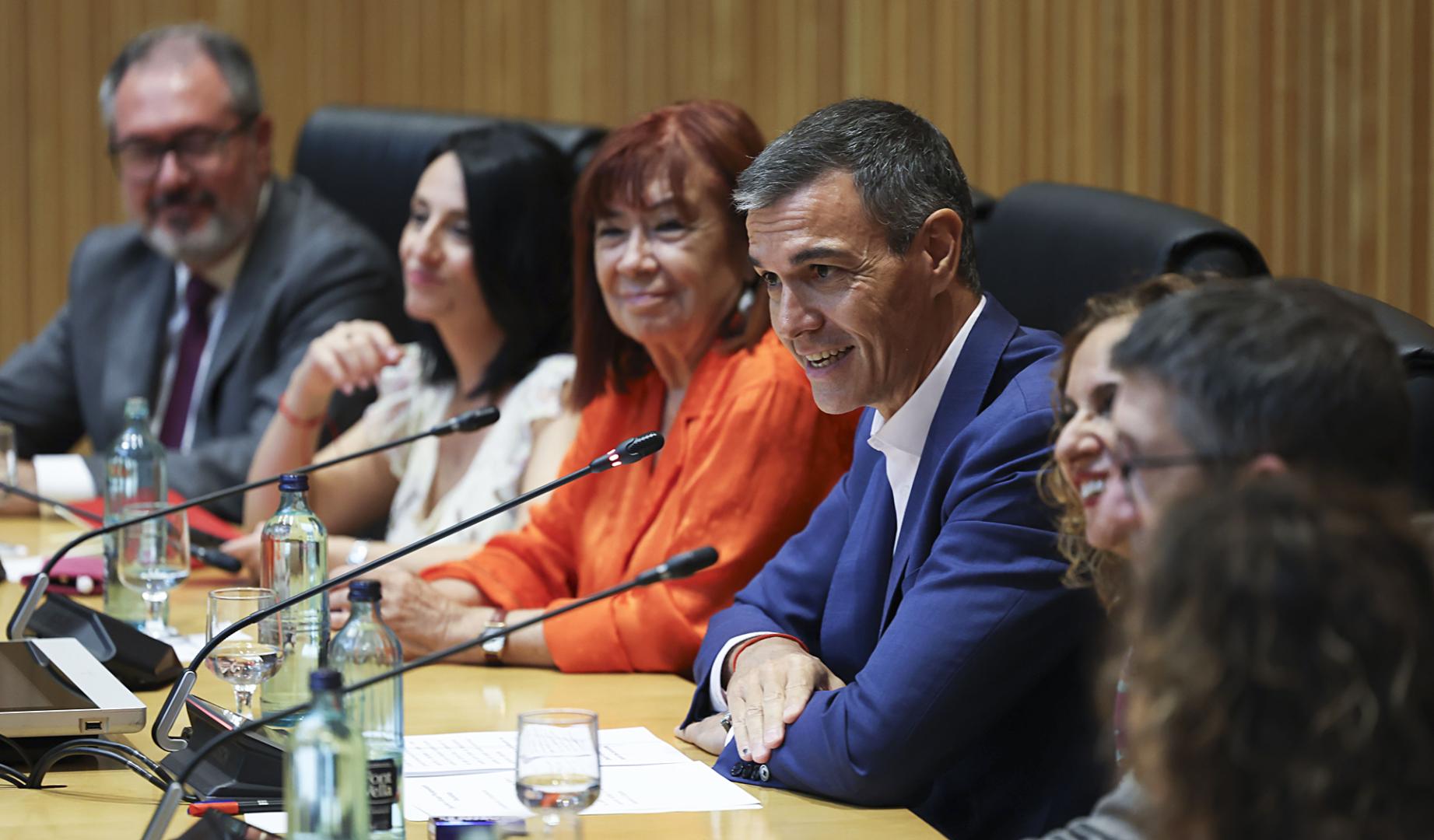 El presidente del Gobierno y líder del PSOE, Pedro Sánchez, durante el encuentro con los parlamentarios socialistas