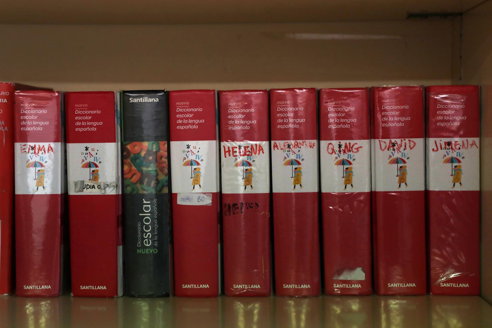 Diccionarios de Lengua Castellana, con el nombre de los alumnos en el lomo, en un aula de Primaria de un colegio de Pamplona.