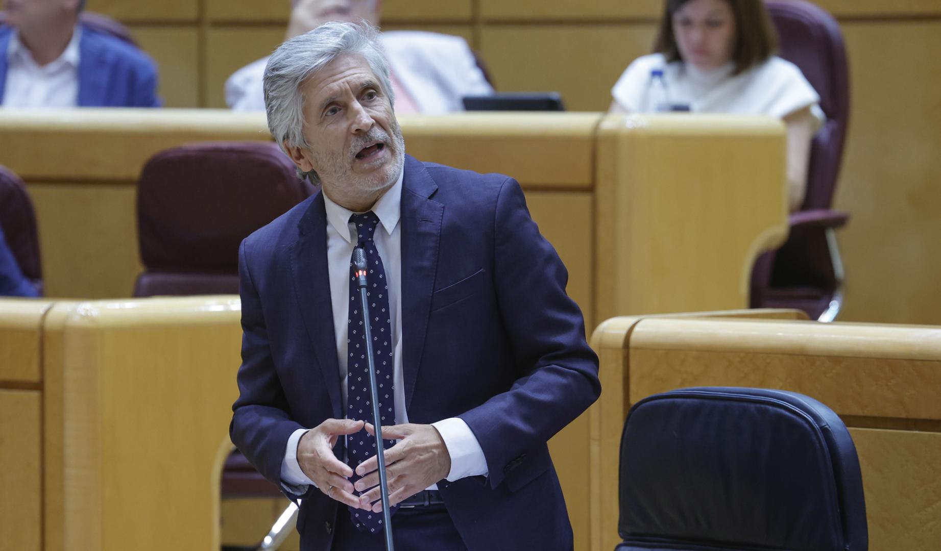 El ministro del Interior, Fernando Grande-Marlaska, interviene durante la sesión de control al Gobierno celebrada en el Senado