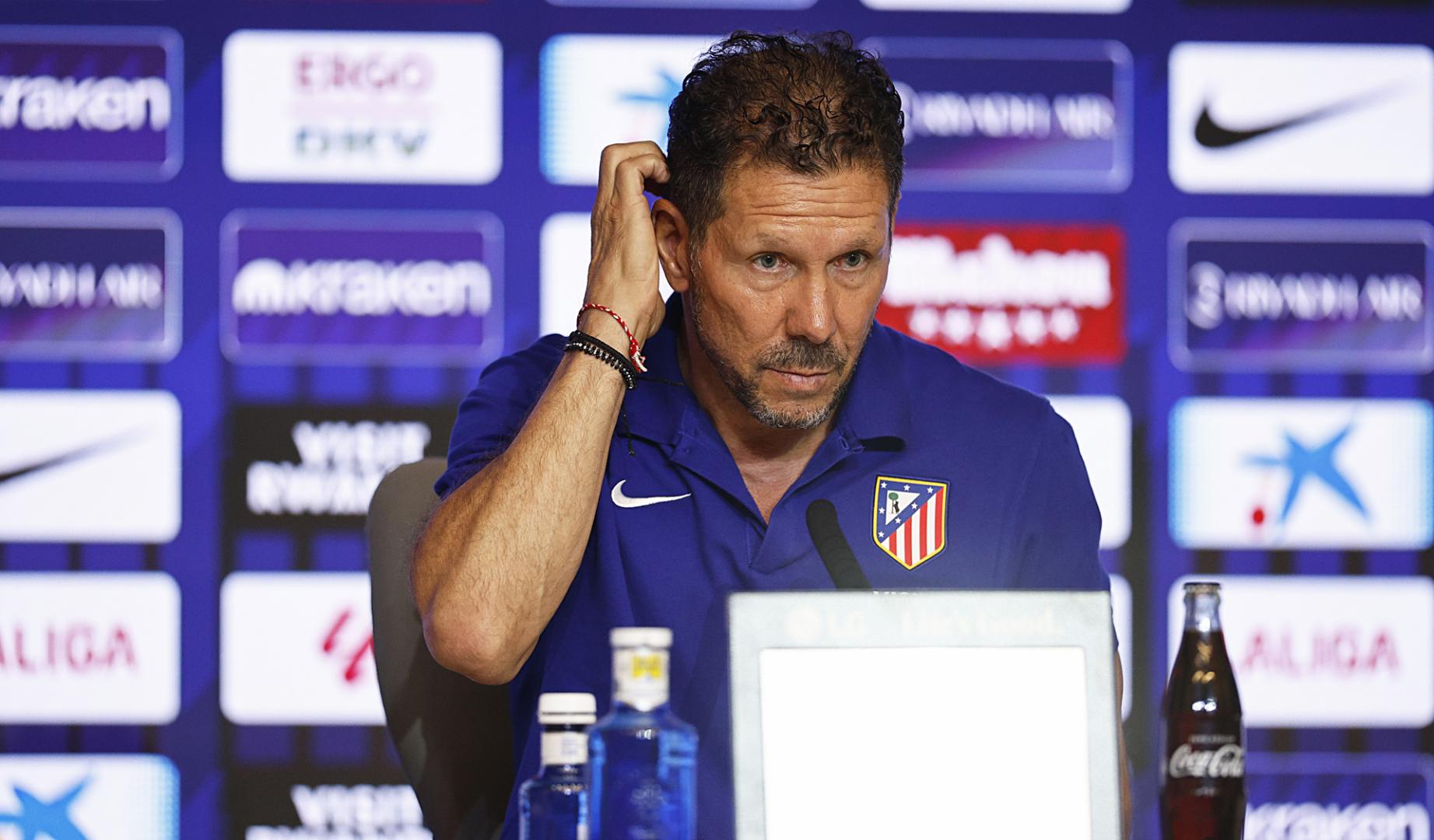 El entrenador del Atlético de Madrid Diego Simeone, durante la rueda de prensa previa al choque contra Osasuna
