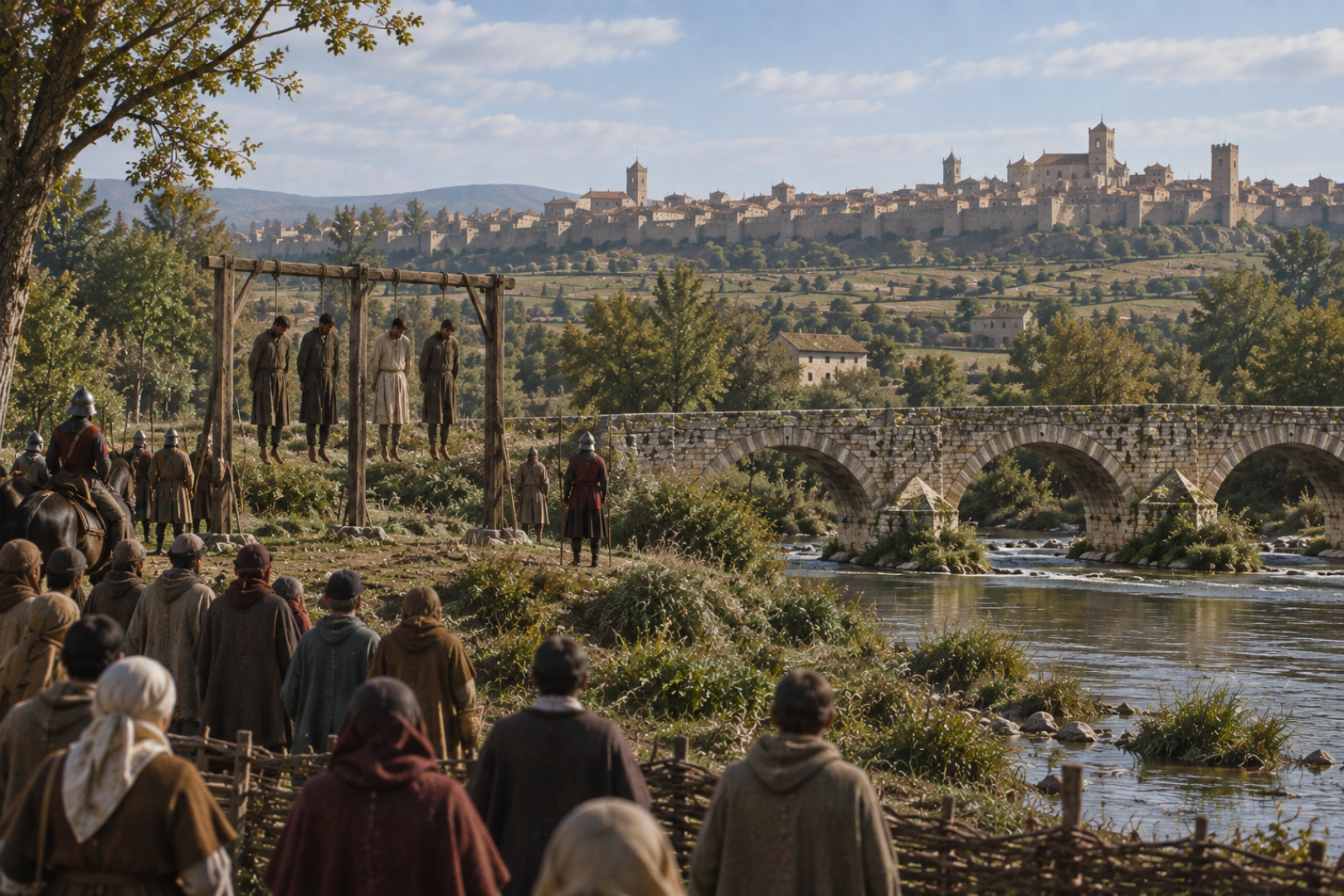 Imagen recreada por la IA de los cuatros ahorcados junto al puente de Miluce en 1351