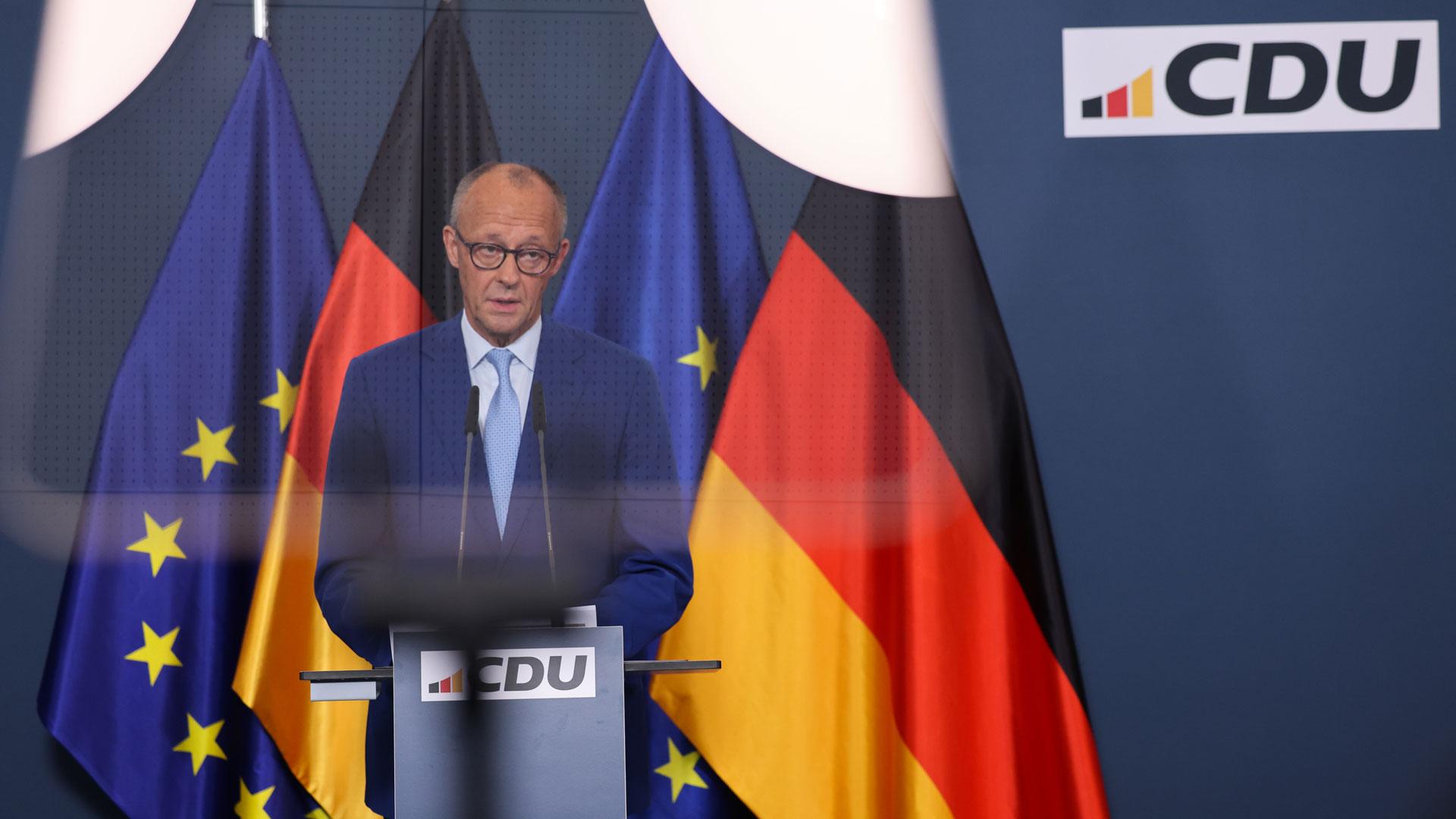 El canciller alemán, Friedrich Merz, y líder de la CDU, en la rueda de prensa de este domingo