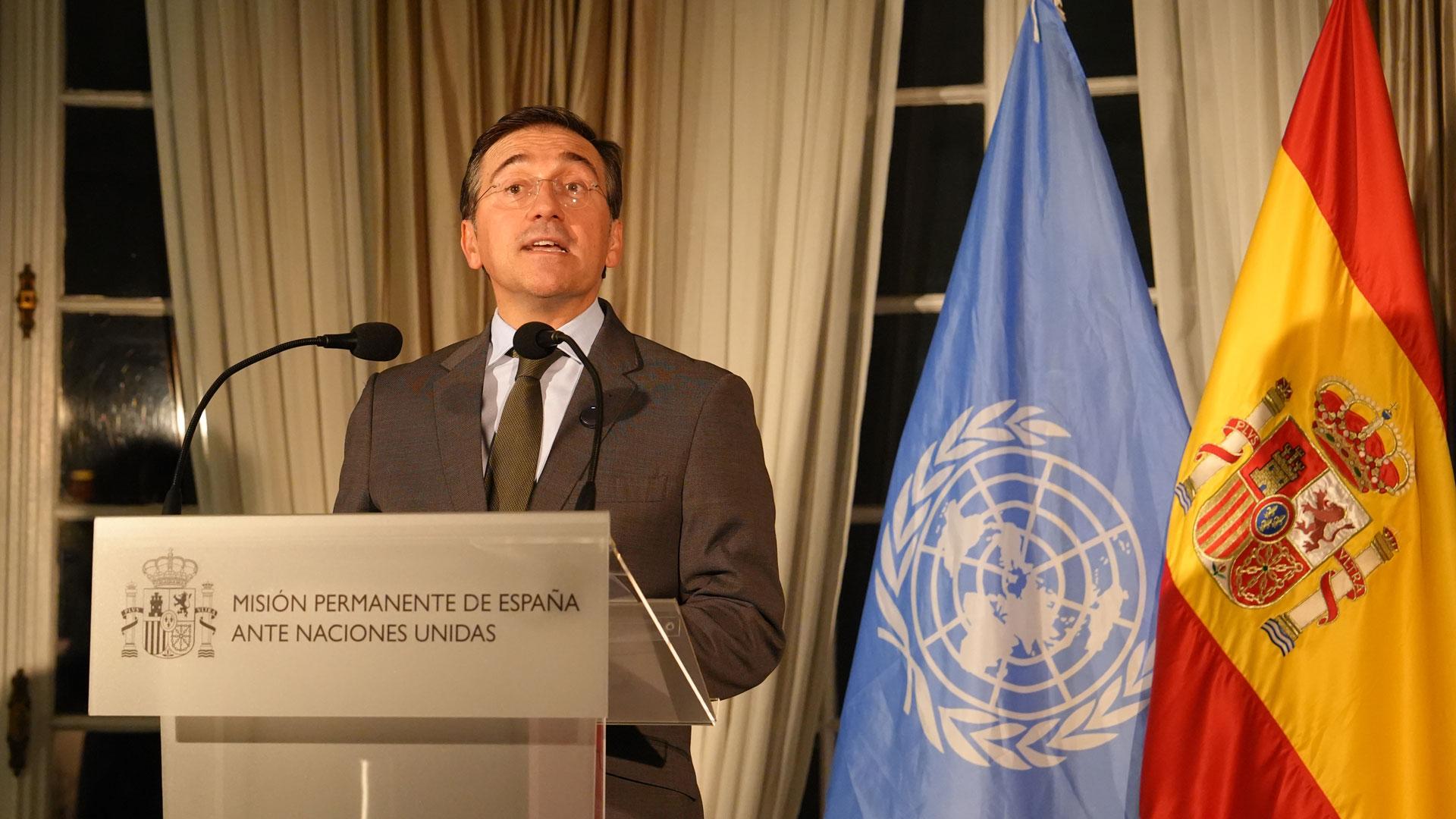 El ministro de Asuntos Exteriores español, José Manuel Albares, este lunes, ante el inicio del nuevo periodo de sesiones de la Asamblea General de la ONU, en Nueva York