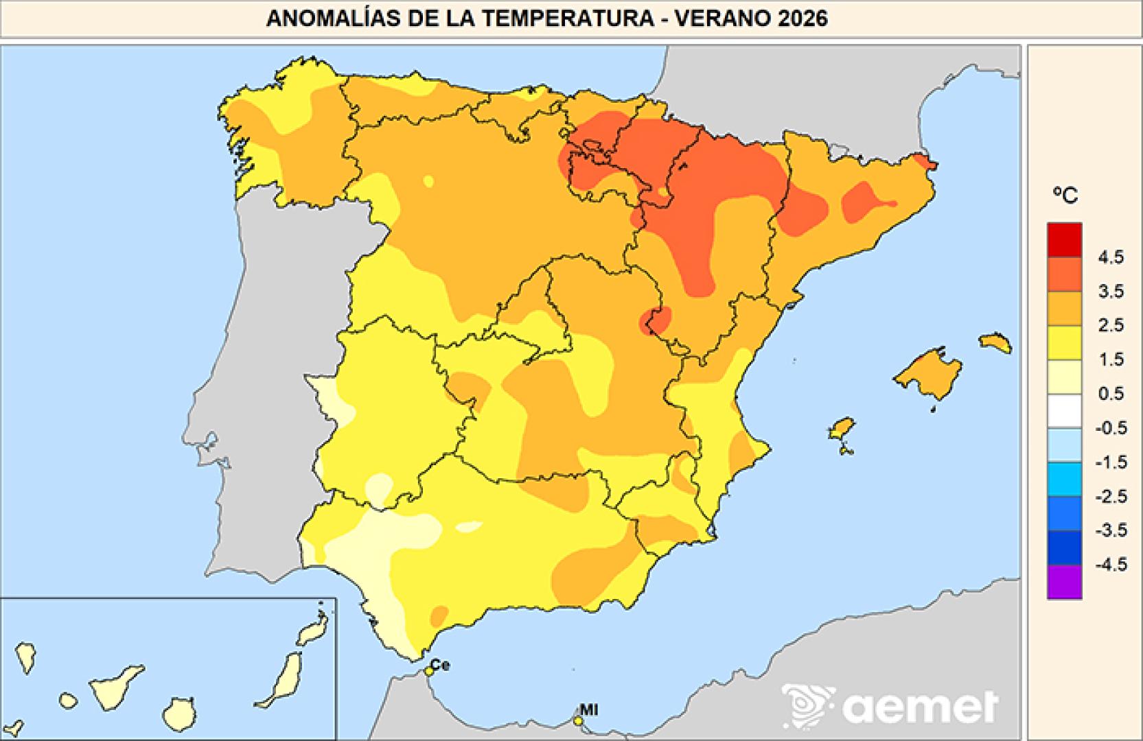 Mapa de anomalías térmicas del verano 2026