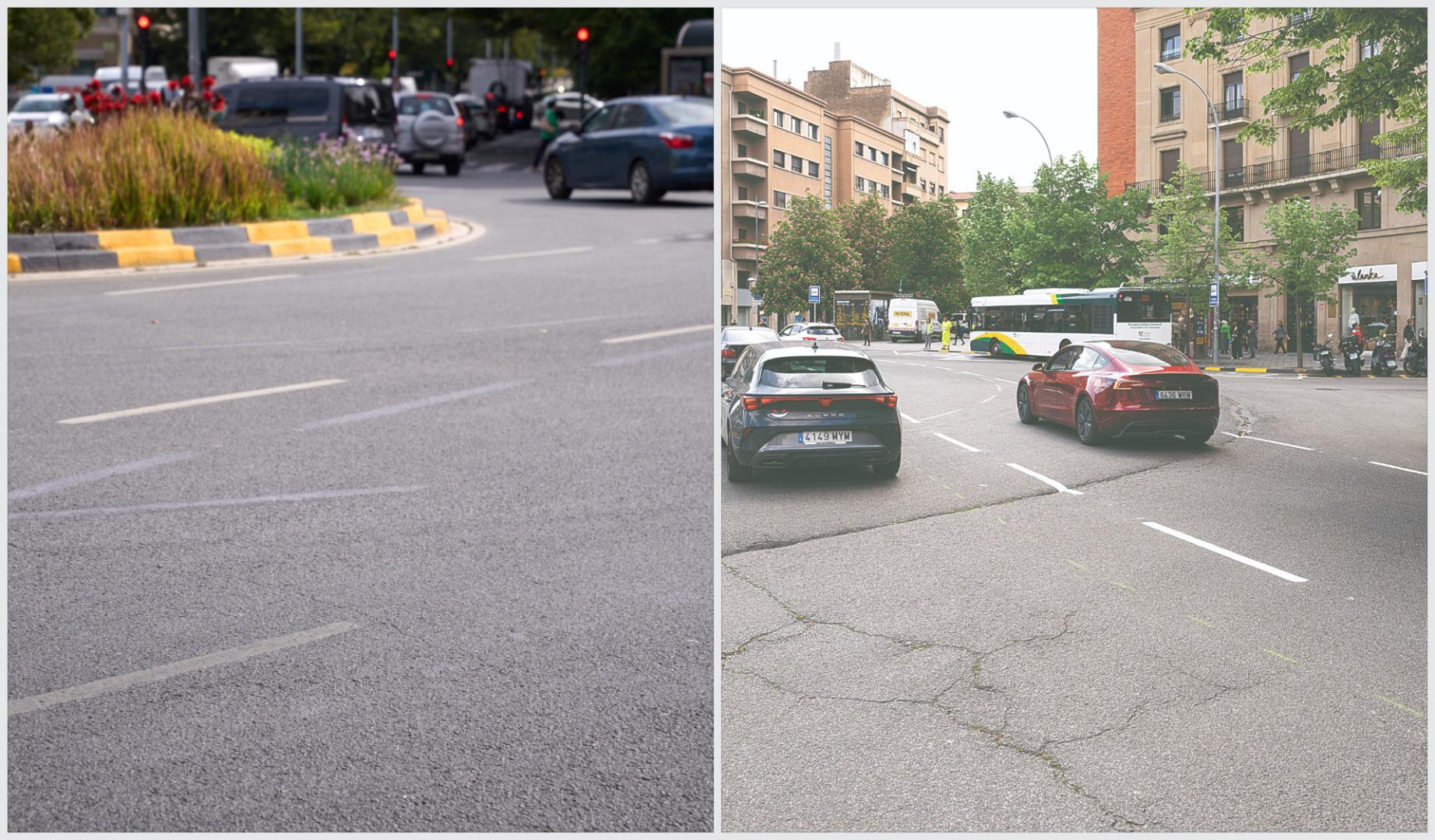 Estado actual de la señalización horizontal de la plaza de Merindades y así estaban las líneas de los carriles cuando se pintaron en abril