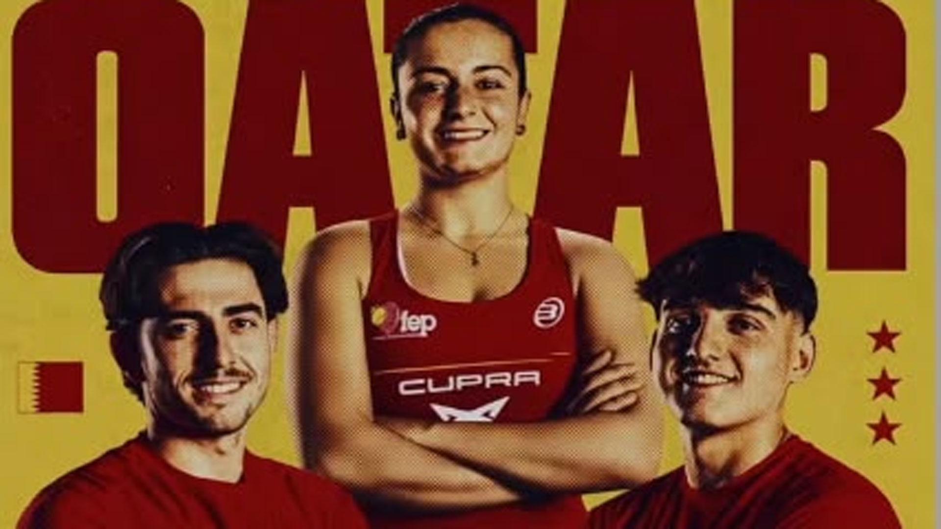 Cartel promocional del Mundial de Qatar de pádel con los jugadores navarros Jon Sanz, Martina Calvo y Aimar Goñi