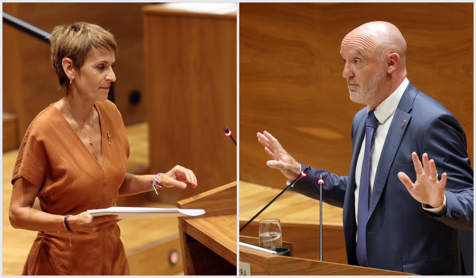 La presidenta del Gobierno y líder del PSN, María Chivite, y el portavoz de UPN, Javier Esparza, este jueves durante la sesión en el Parlamento