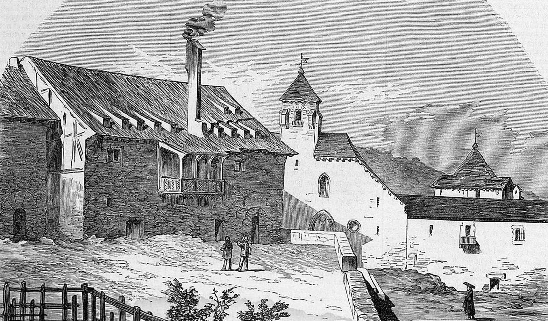 Grabado xilográfico del siglo XIX de la colegiata de Roncesvalles