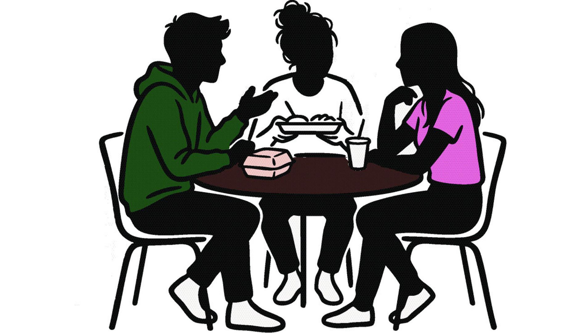 Ilustración de tres personas que comen juntas en una mesa