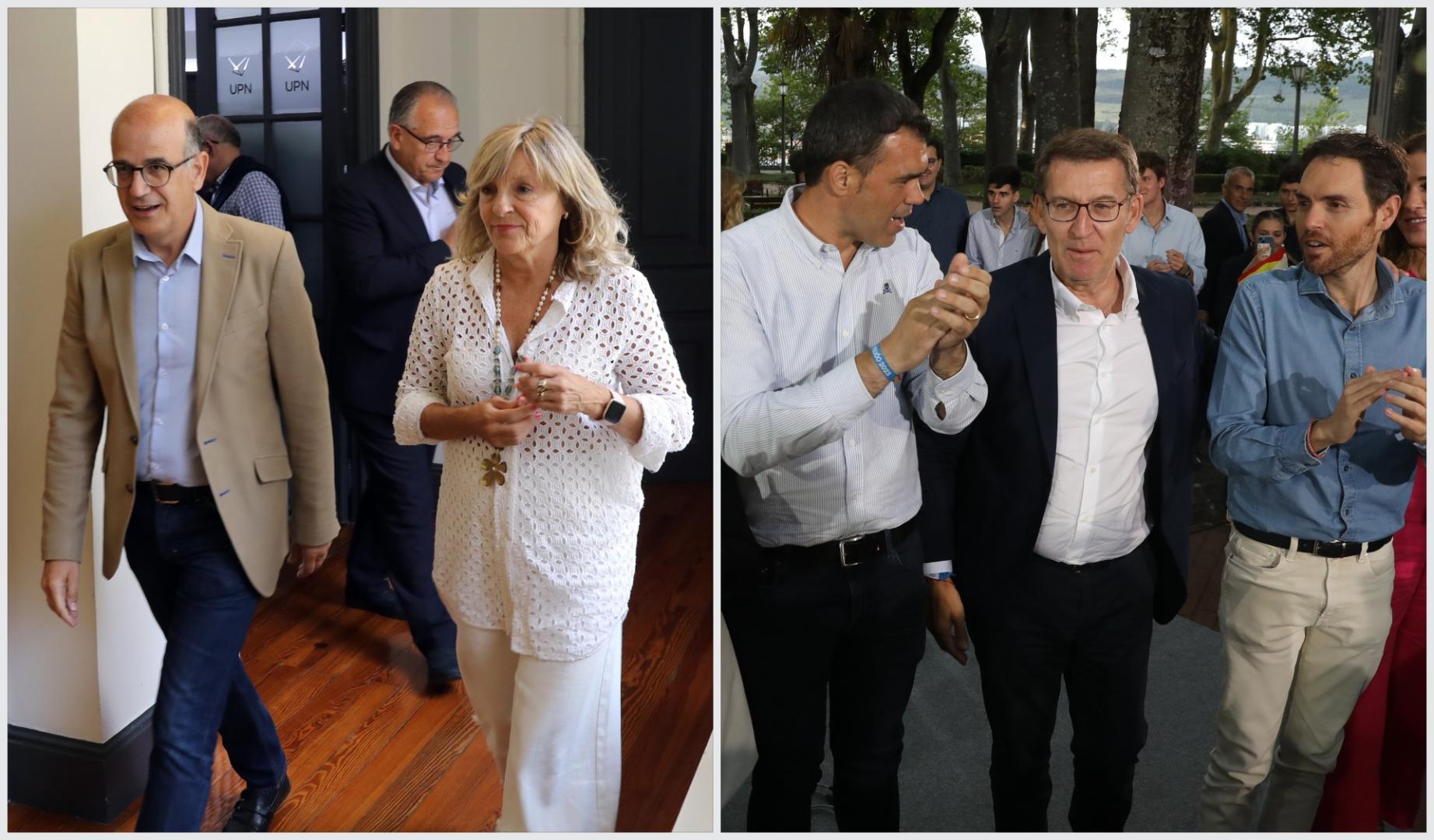 Campaña de las generales de 2023, a la izquierda los candidatos de UPN Alberto Catalán, María Caballero y Enrique Maya, y a la derecha el candidato del PP, Sergio Sayas, con el presidente de esta formación política, Alberto Núñez Feijóo y el entonces líder en Navarra Javier García