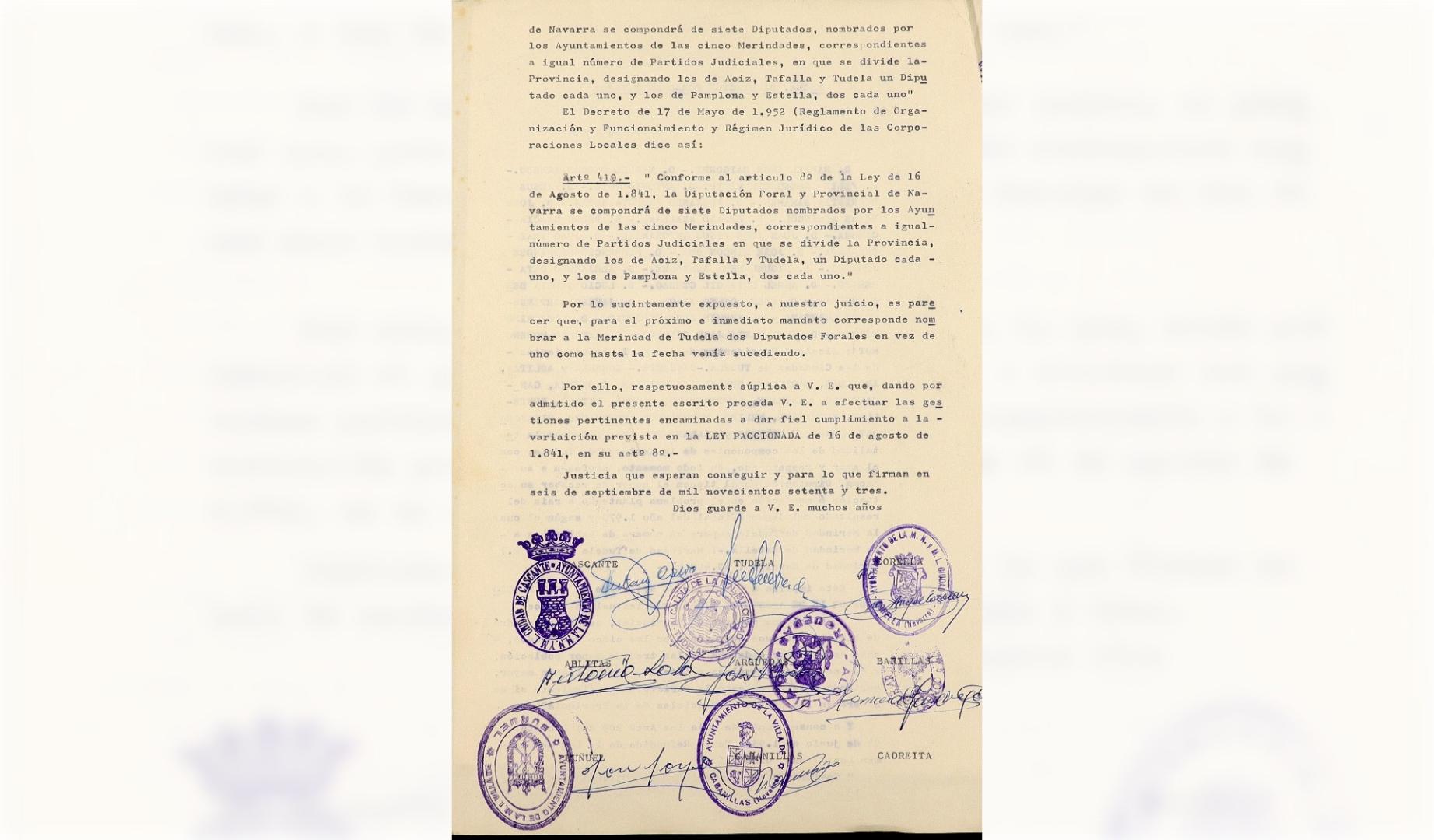 Oficio del alcalde de Tudela y otros 22 municipios riberos. 1973