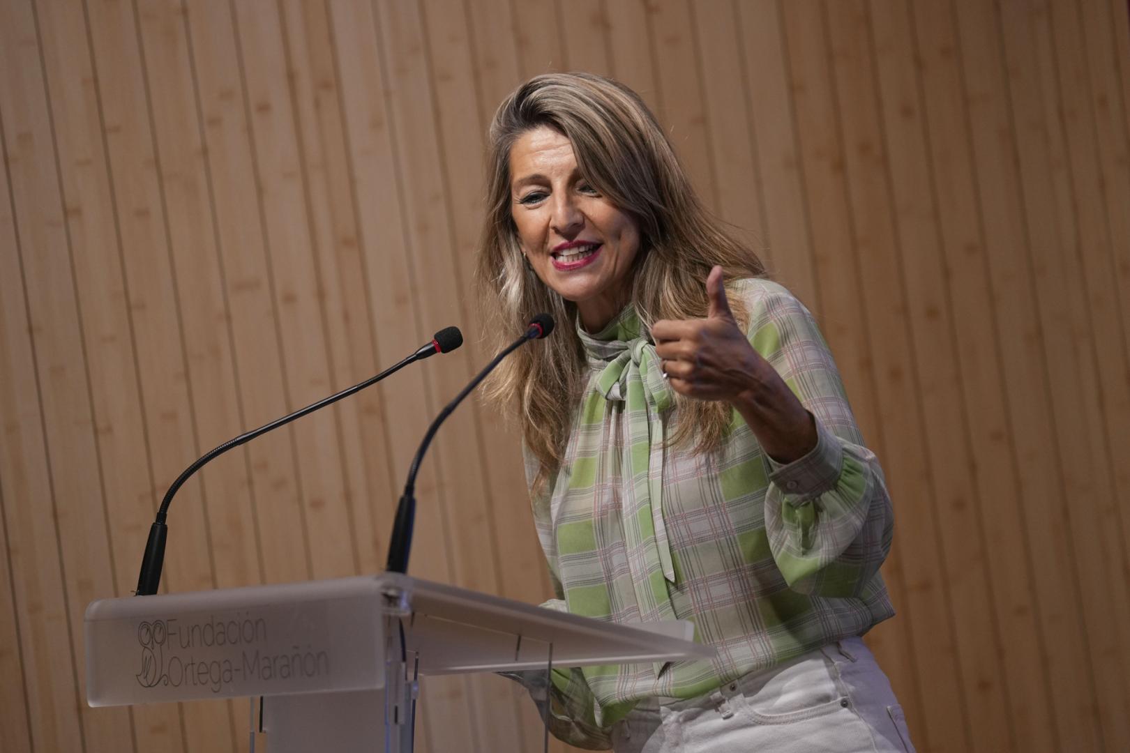 La vicepresidenta segunda y ministra de Trabajo y Economía Social, Yolanda Díaz, interviene durante el acto 'Democracia y solidaridad internacional: el pasado, un impulso para construir el futuro', este martes en Madrid
